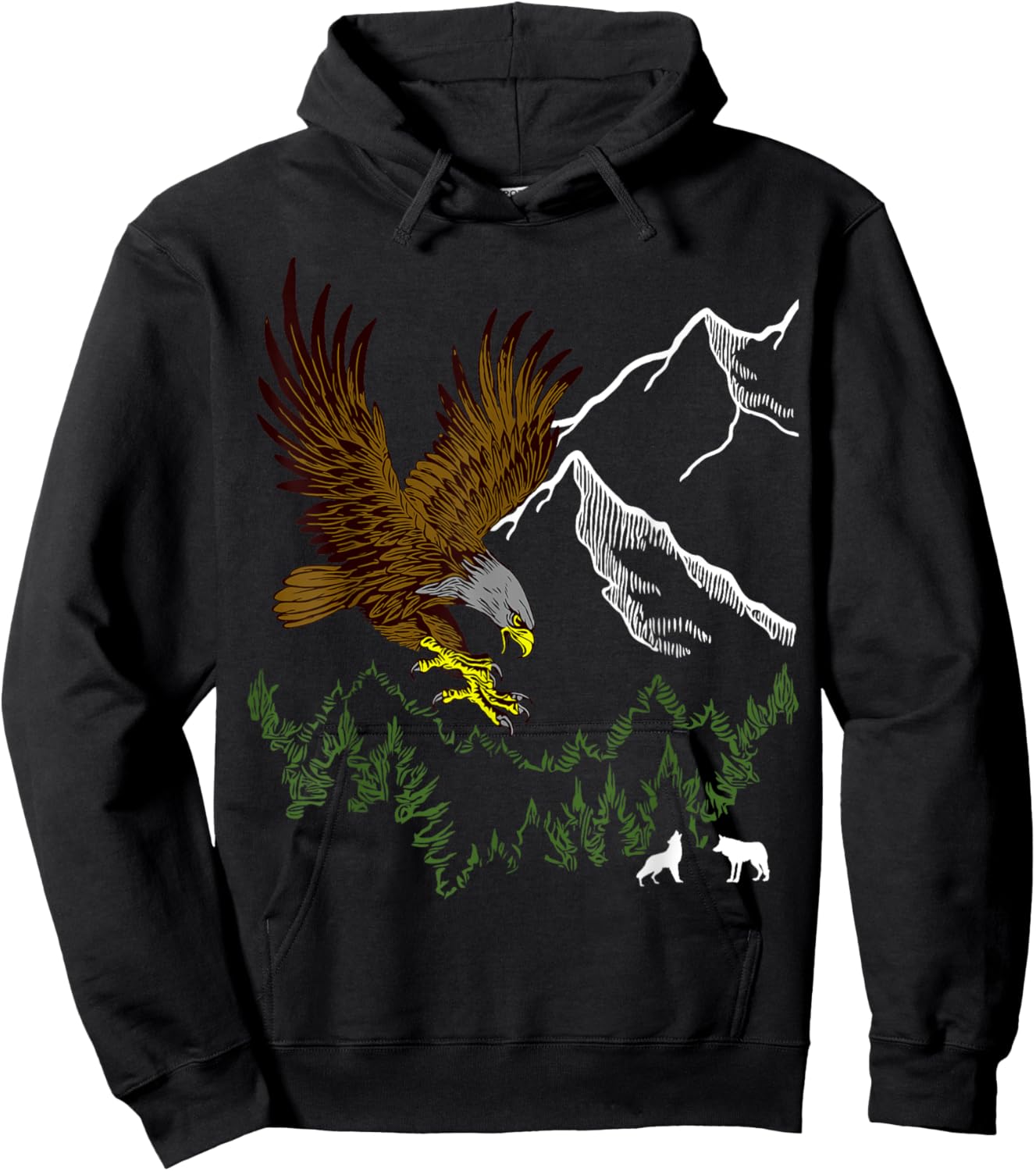 Mountain Forest tree Design Eagle Bird, Wolf Animal Graphic Hoodie - Hoodie | Black