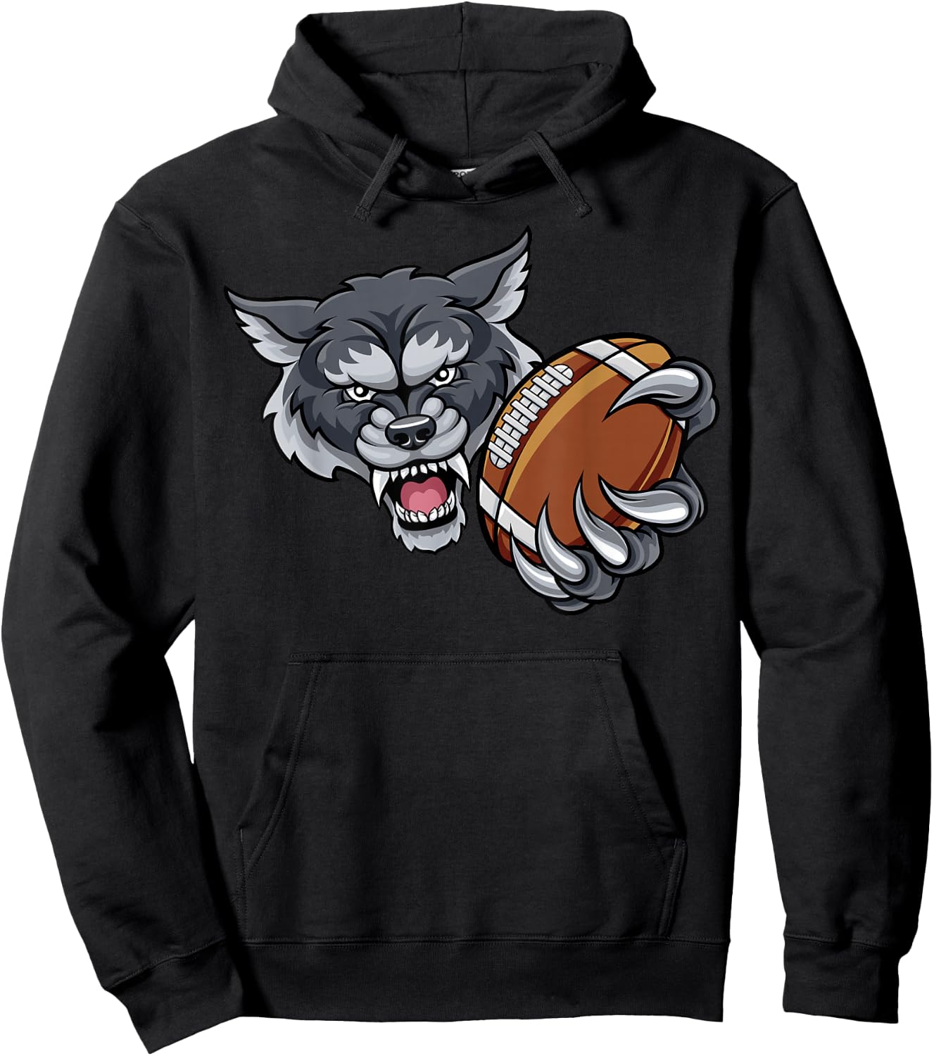 Wolf Cartoon Sports Team Mascot American Football Ball Hoodie - Hoodie | Black