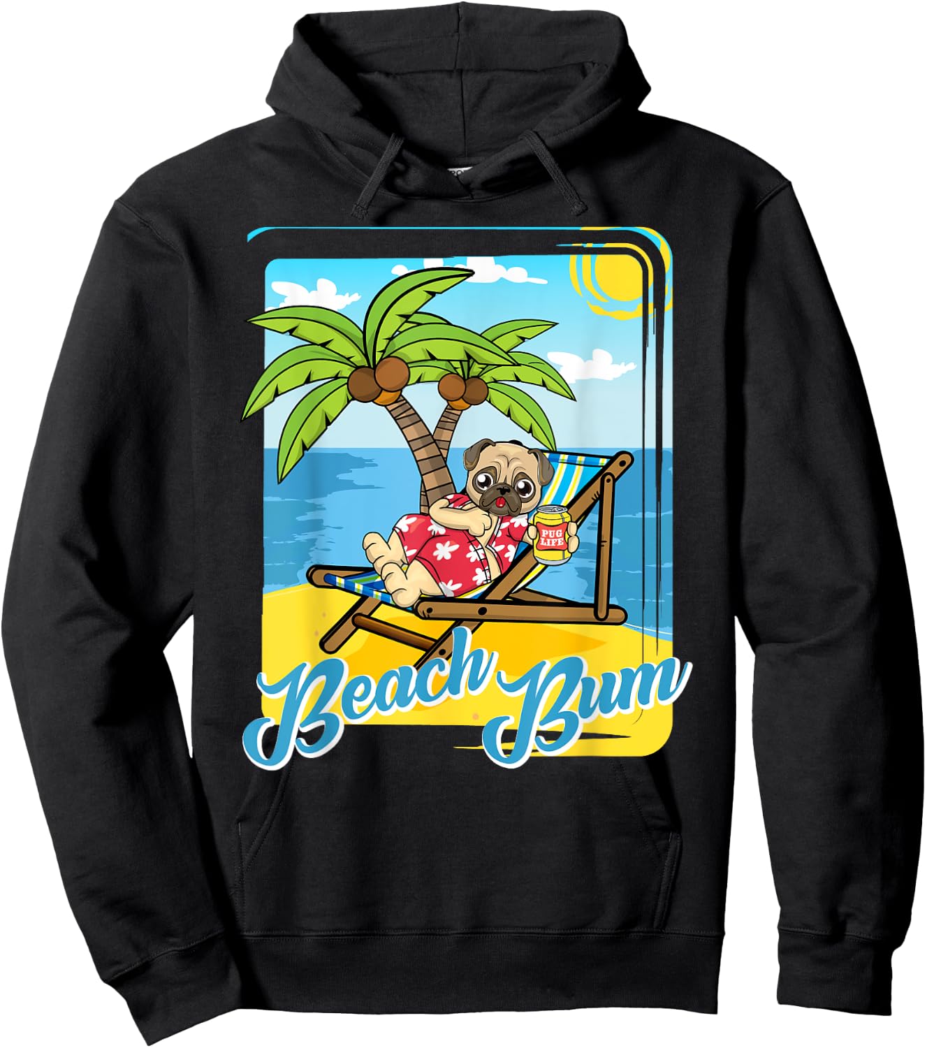 Beach Bum Pug Dog with Beer on Tropical Beach Vacation Women Hoodie - Hoodie | Black