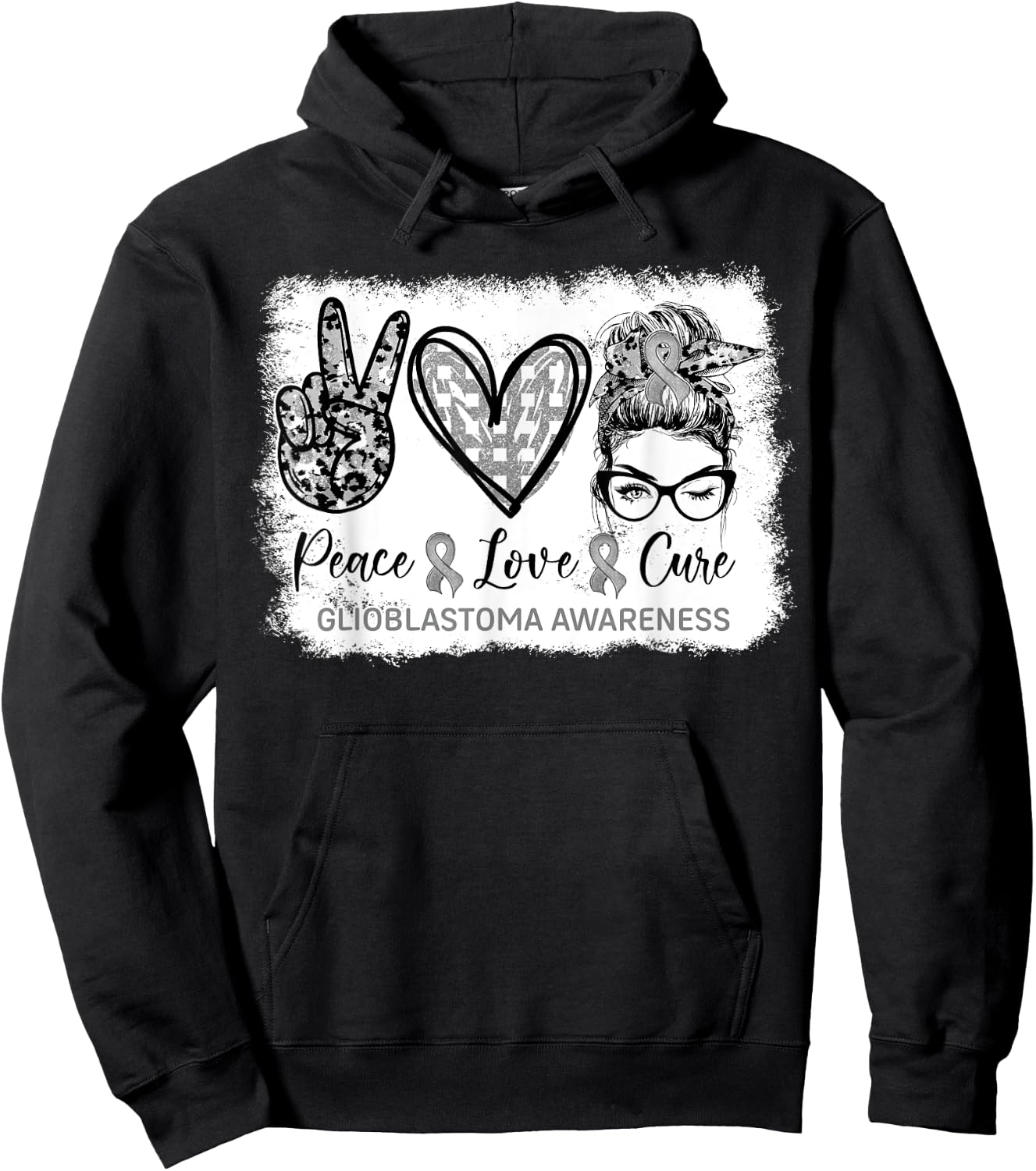 Messy Bun Peace Love Cure Gray Ribbon Glioblastoma Awareness Hoodie - Hoodie | Black