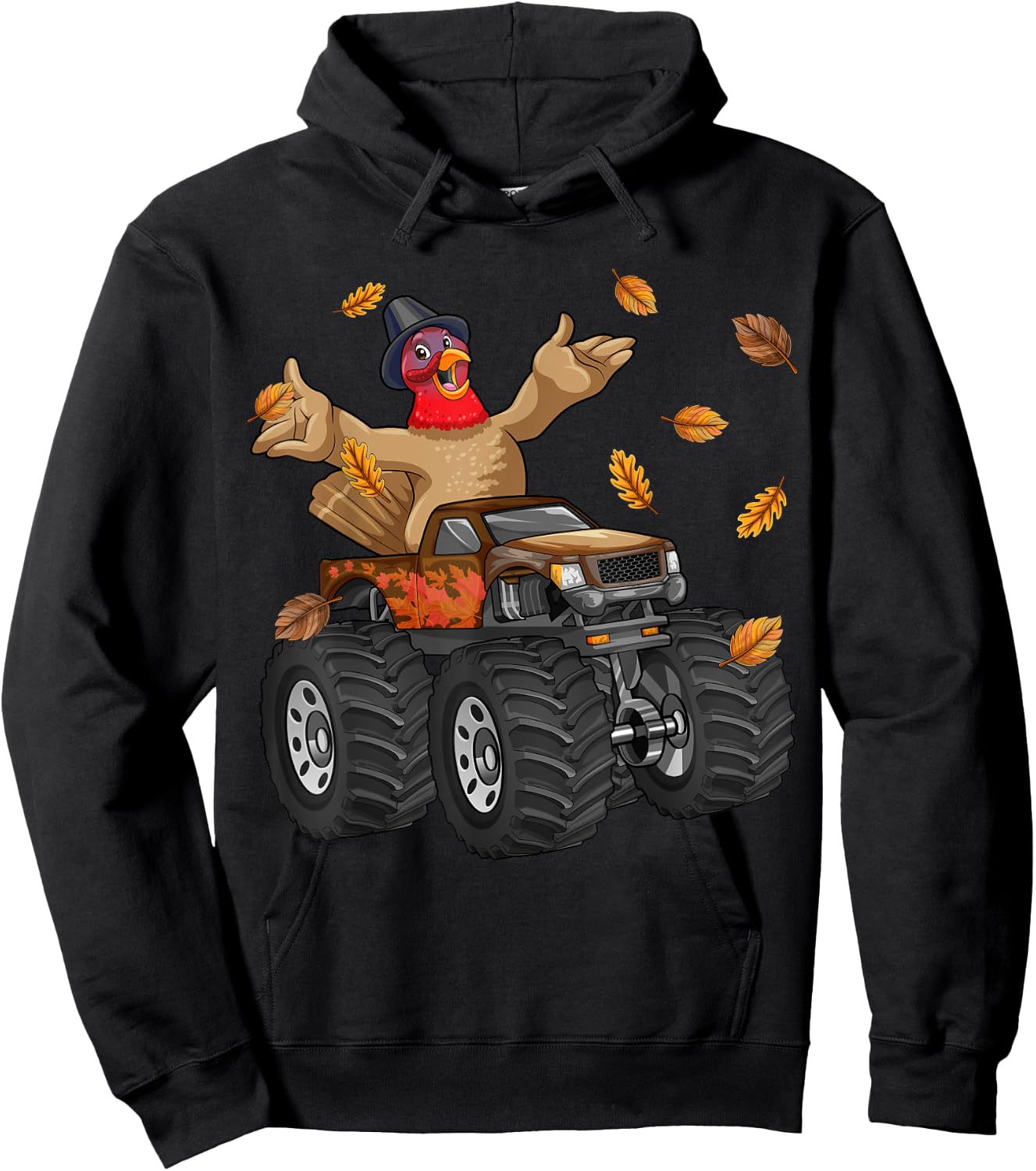 Thanksgiving Turkey Riding Monster Truck Funny Boys Kids Hoodie - Hoodie | Black