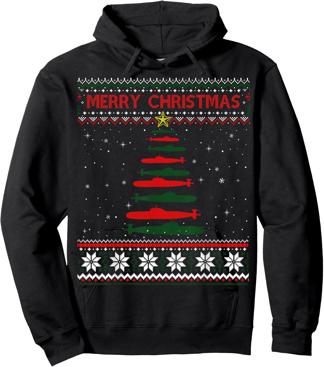 Submarine Navy Military Tree Funny Ugly Christmas Sweater Hoodie - Hoodie | Black