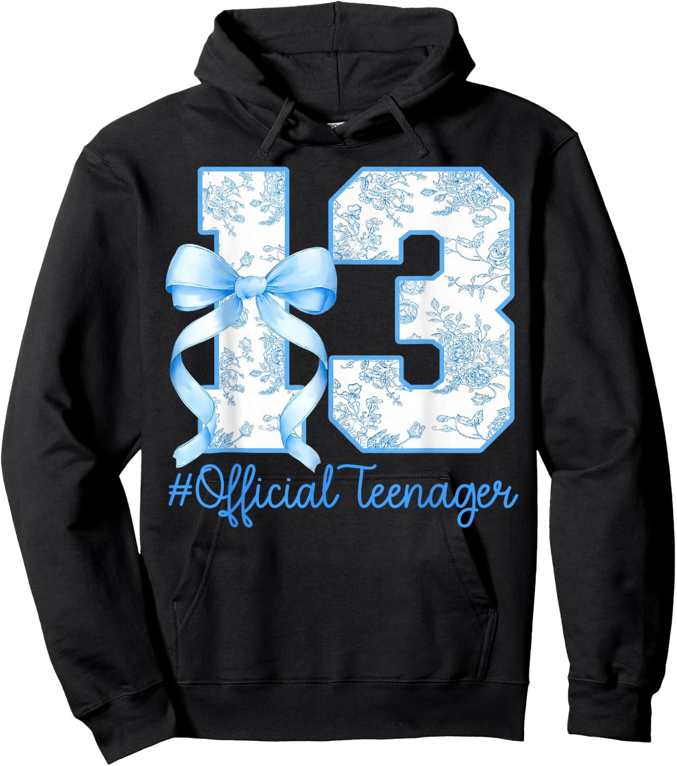 Official Teenager 13th Birthday Girl Bow Blue Floral Pattern Hoodie - Hoodie | Black