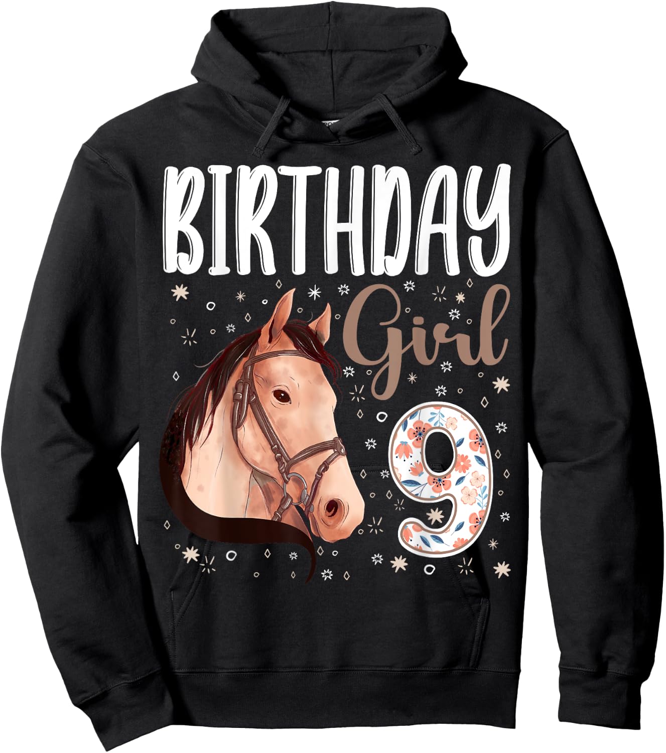horse Animal Lovers 9th Birthday Girl B-day 9 year old Hoodie - Hoodie | Black