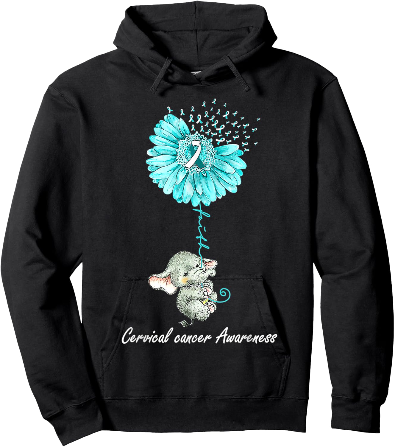 Teal Sunflower Elephant Cervical Cancer Awareness Gift Hoodie - Hoodie | Black