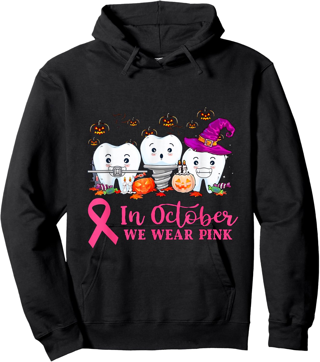 In October We Wear Pink Ribbon tooth Breast Cancer awareness Hoodie - Hoodie | Black