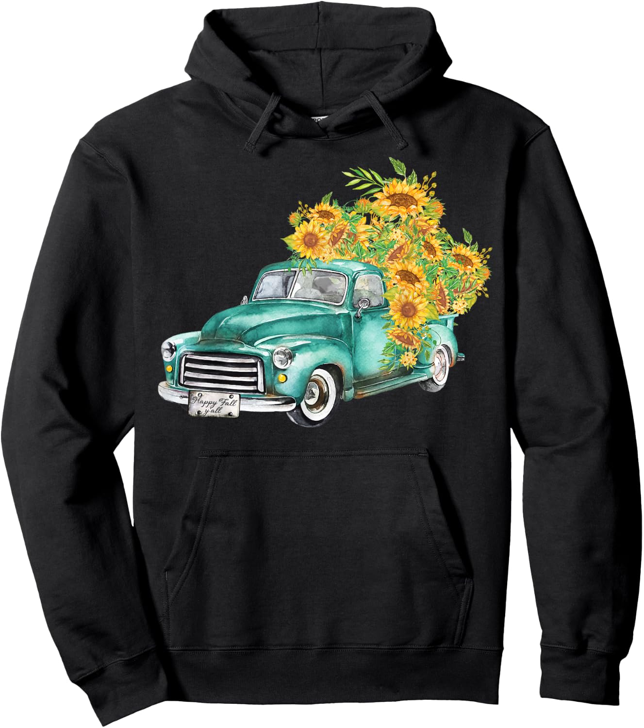 Vintage Truck Sunflowers Happy Fall Y'all Hoodie - Hoodie | Black