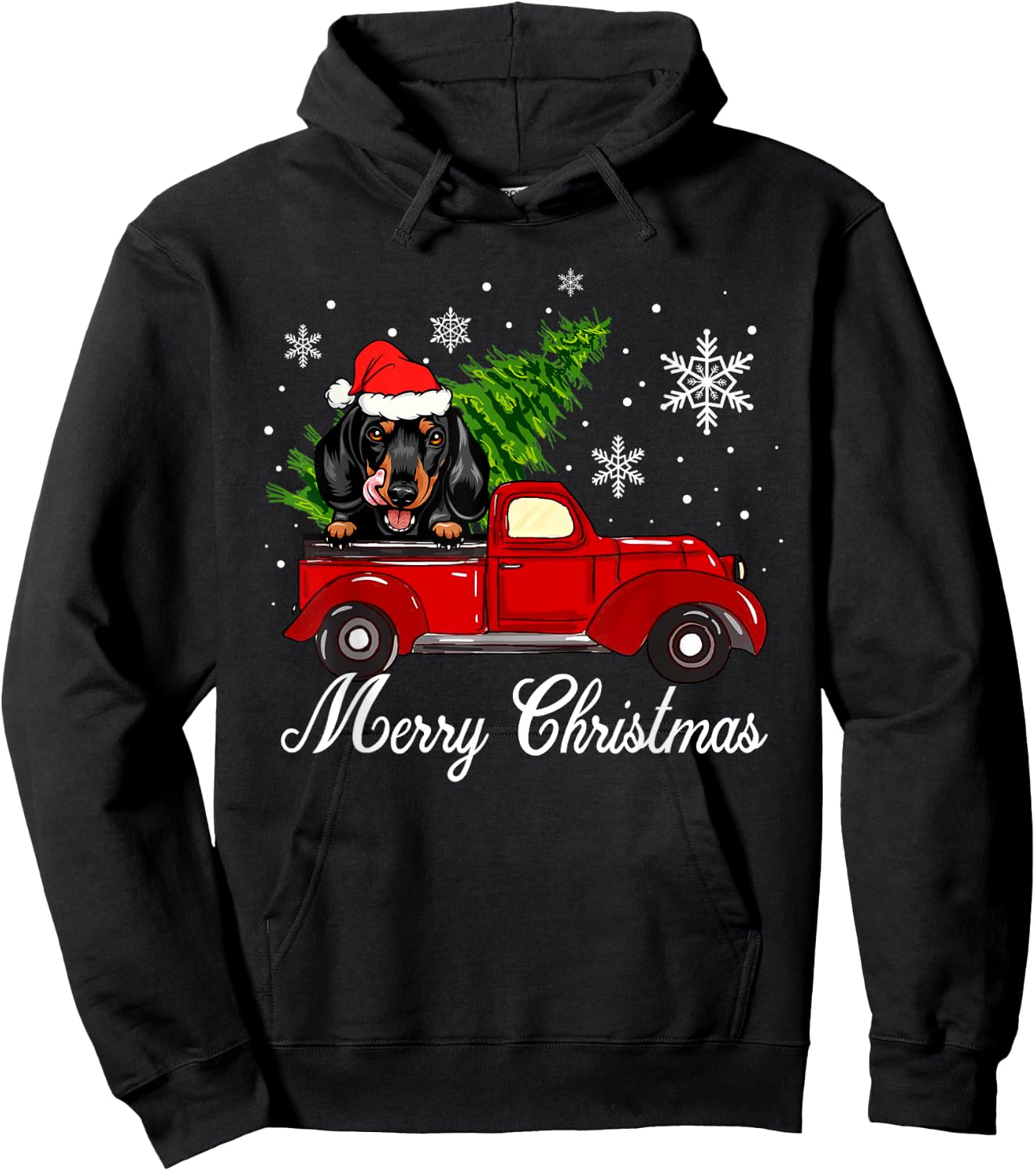 Dachshund Dog Riding Red Truck Christmas Decorations Pajama Hoodie - Hoodie | Black