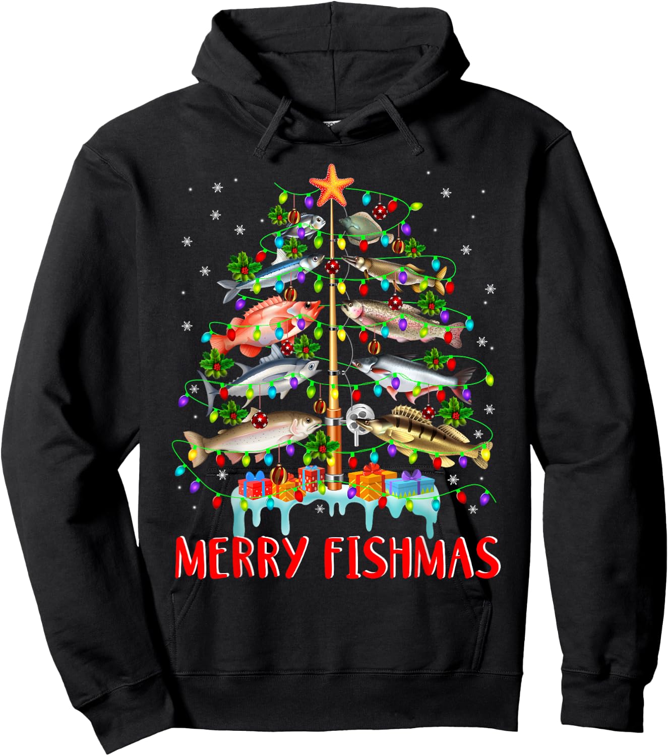 Merry Fishmas Funny Christmas Tree Lights Fish Fishing Rod Hoodie - Hoodie | Black