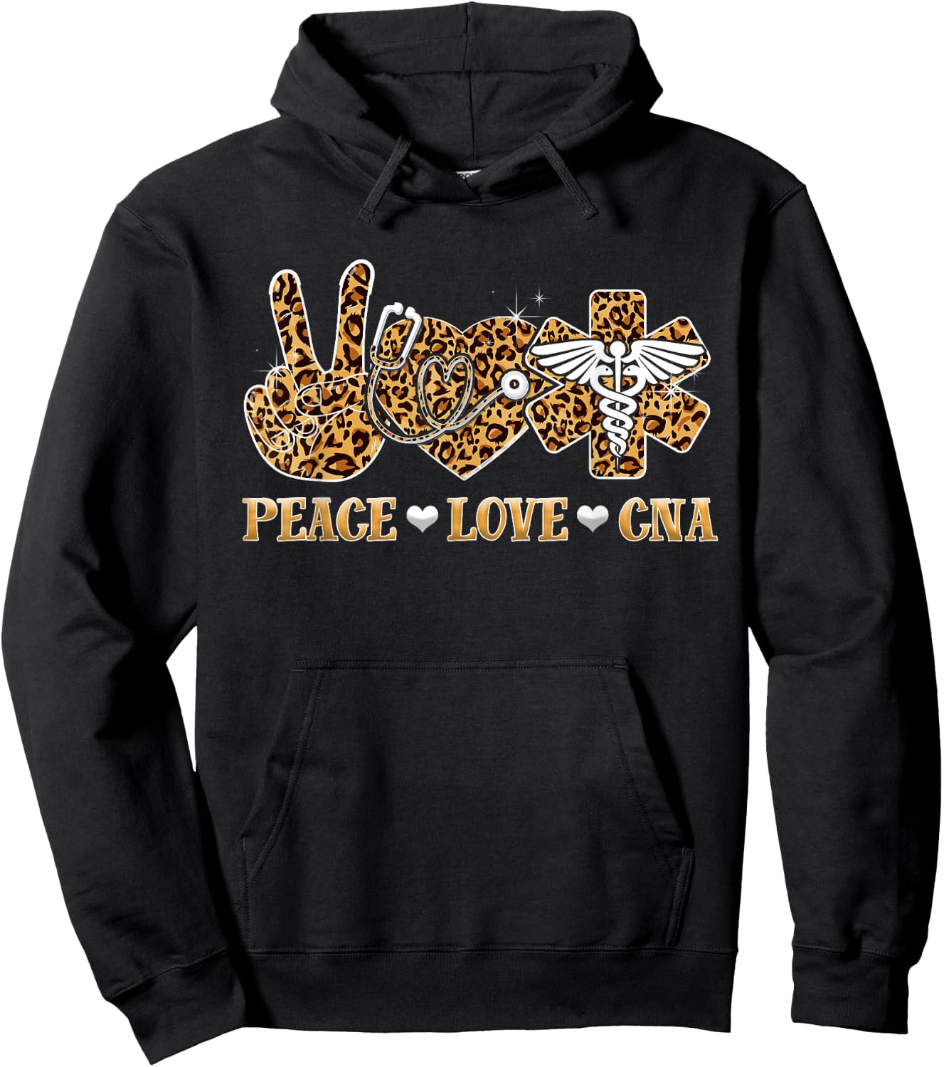 Peace Love Cna Nurse Life Leopard Print Stethoscope Heart Hoodie - Hoodie | Black