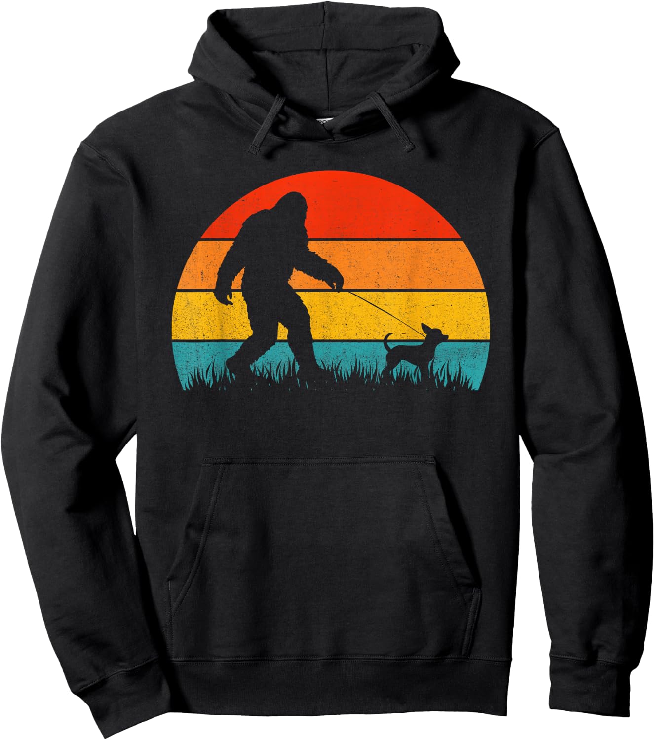 Bigfoot Walking Retro Sunset Off Sasquatch & Chihuahua Dog Hoodie - Hoodie | Black