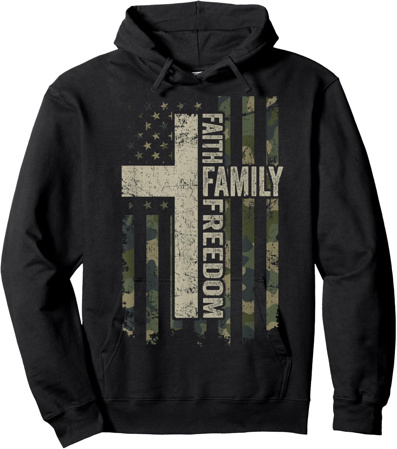Faith Family & Freedom - Patriotic Christian Camo USA Flag Hoodie - Hoodie | Black