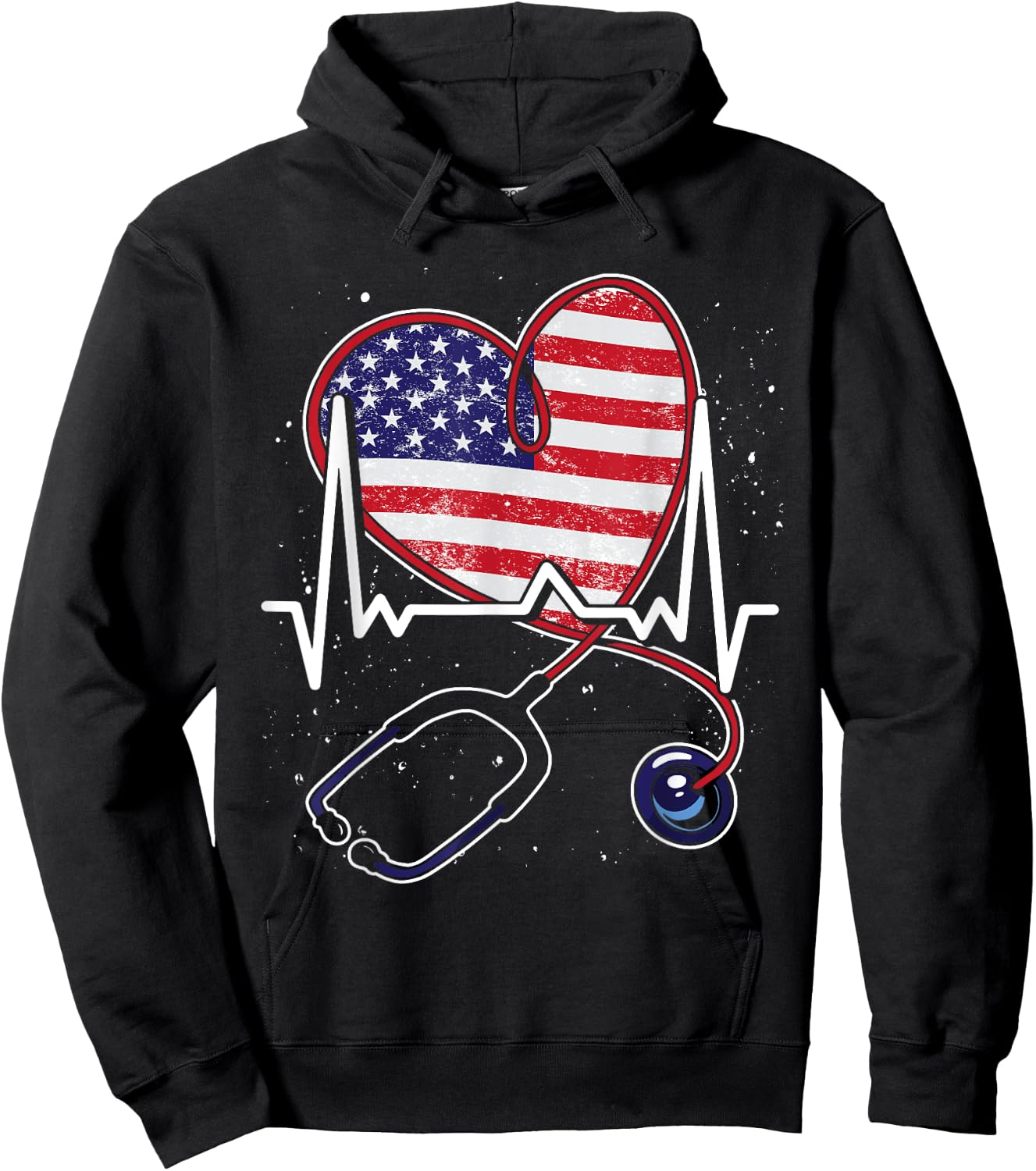 Heart US Flag RN Patriotic LPN Heartbeat Stethoscope Nurse Hoodie - Hoodie | Black