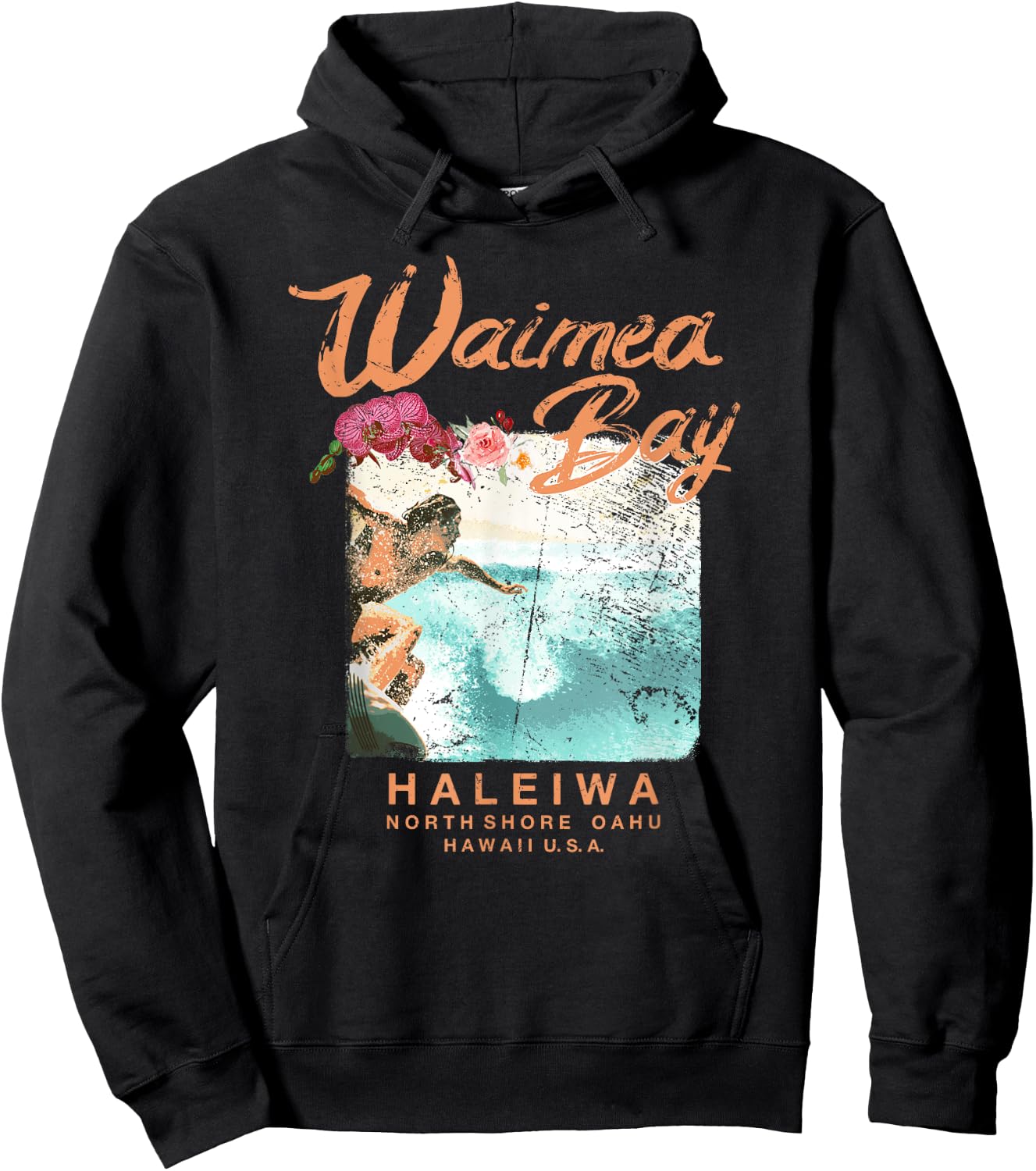 Hawaii Waimea Bay Vintage Hawaiian Surfing T Shirt Hoodie - Hoodie | Black