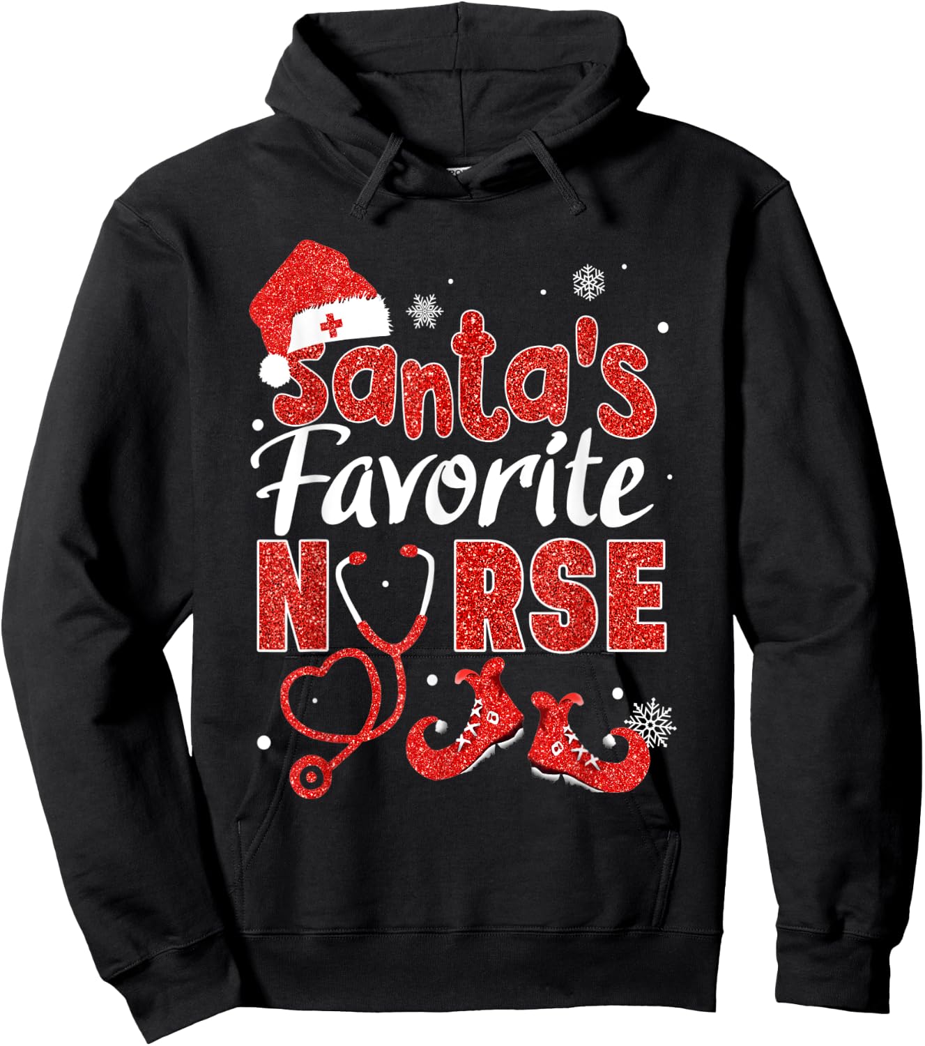 Santa's Favorite Nurse Red Glitter Christmas Pajamas Xmas Hoodie - Hoodie | Black