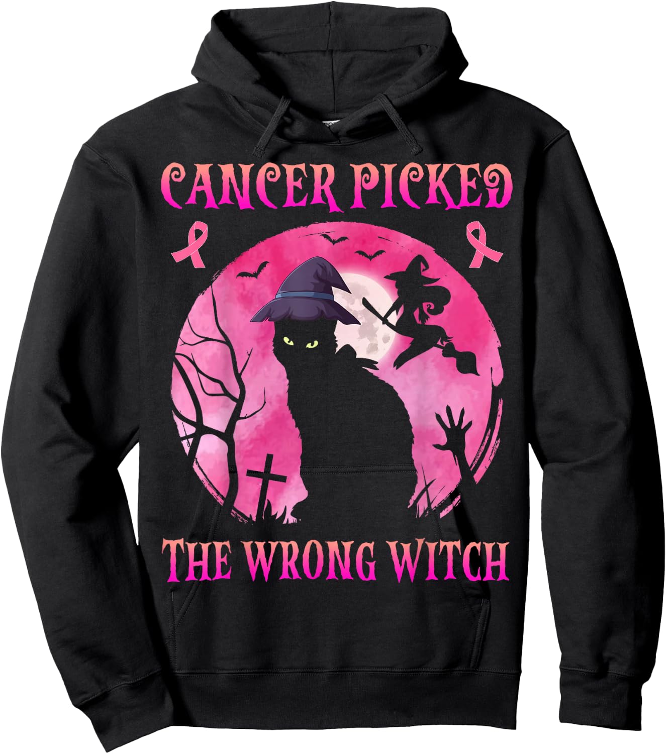 Cancer Picked The Wrong Witch Breast Cancer Halloween Cat Hoodie - Hoodie | Black