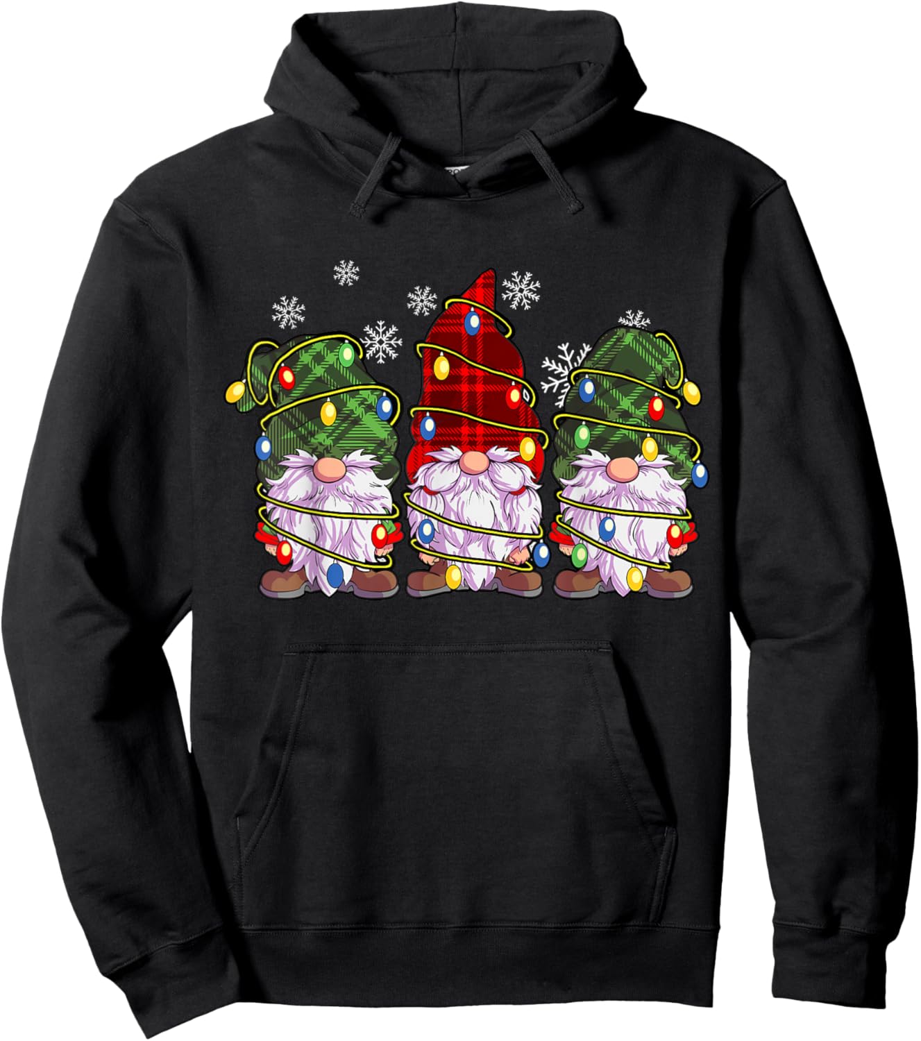 Three Gnomes Men Women Buffalo Plaid Red Christmas Hoodie - Hoodie | Black