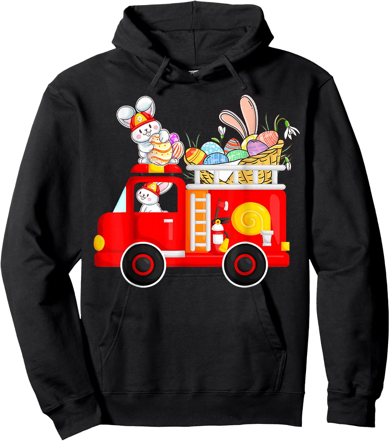 Bunny Riding Firetruck Easter Day Firefighter Happy Easter Hoodie - Hoodie | Black