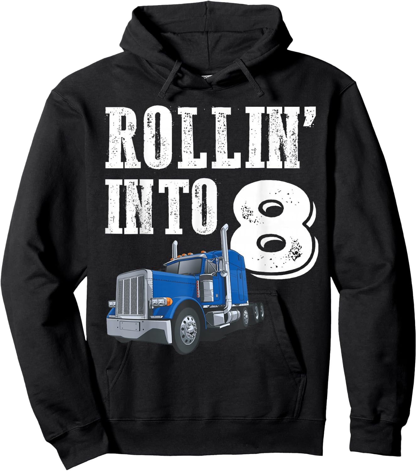 Rollin Into 8 Big Rig Semi Trailer Truck 8th Birthday Hoodie - Hoodie | Black
