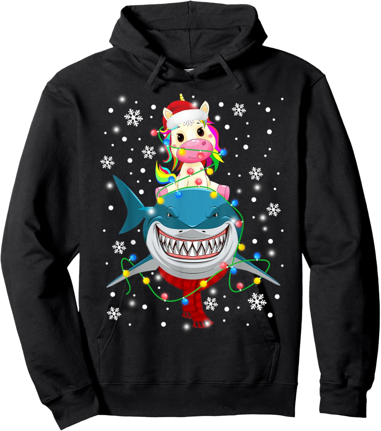 Unicorn Riding Shark Christmas Lights Gift Kids Boy Girl Hoodie - Hoodie | Black