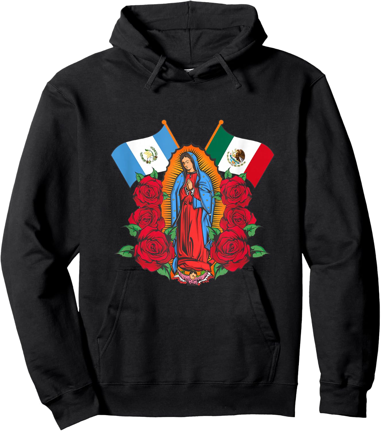 Virgen de Guadalupe con bandera de Guatemala y México Hoodie - Hoodie | Black