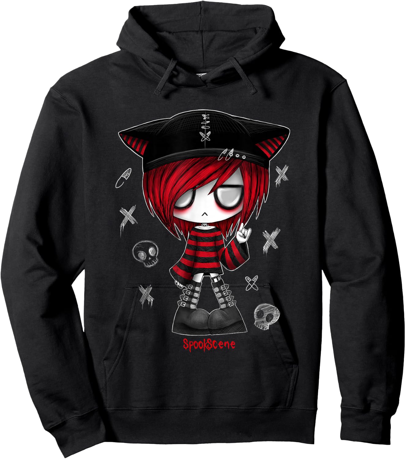 Spookscene Edgy Kitty Hat Scene Kid Emo Alt Goth Red Hoodie - Hoodie | Black