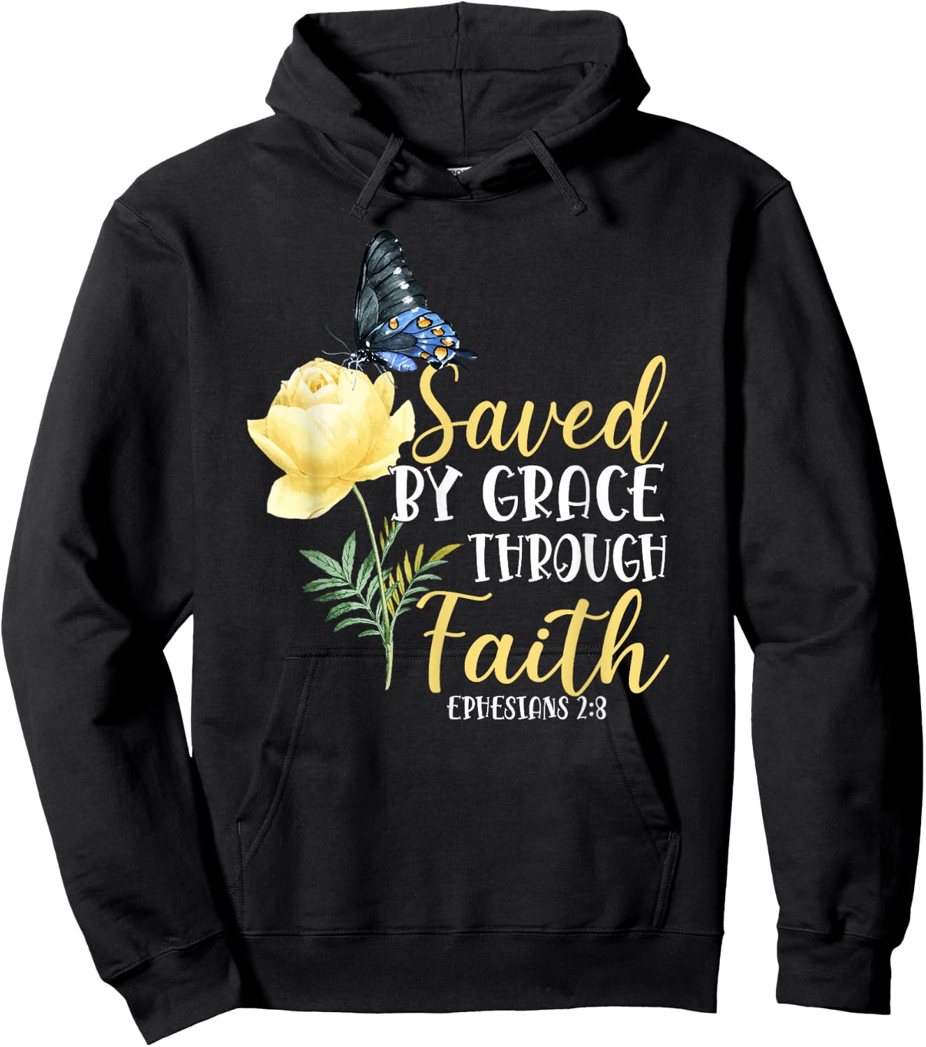 Christian Bible Verse Butterfly Rose Flower Ephesians 2:8 Hoodie - Hoodie | Black