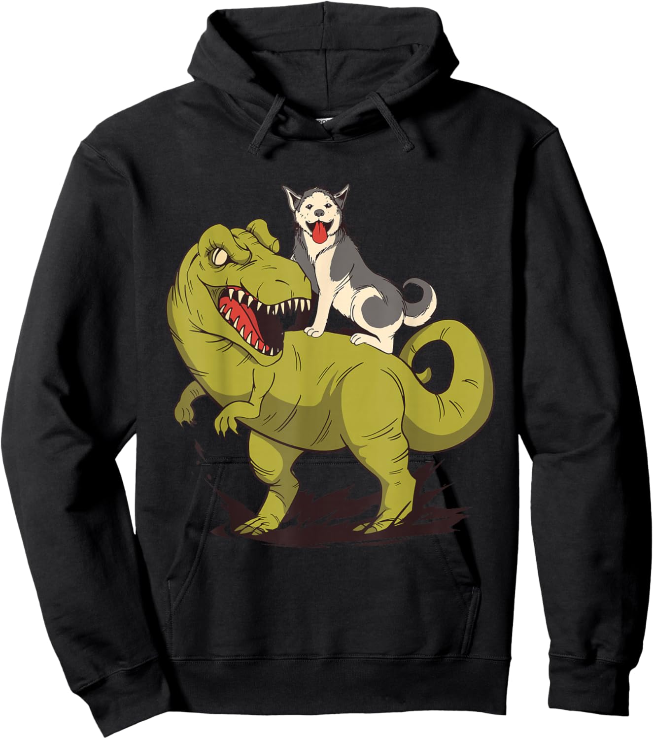 Funny Siberian Husky Dog Riding Dinosaur Hoodie - Hoodie | Black