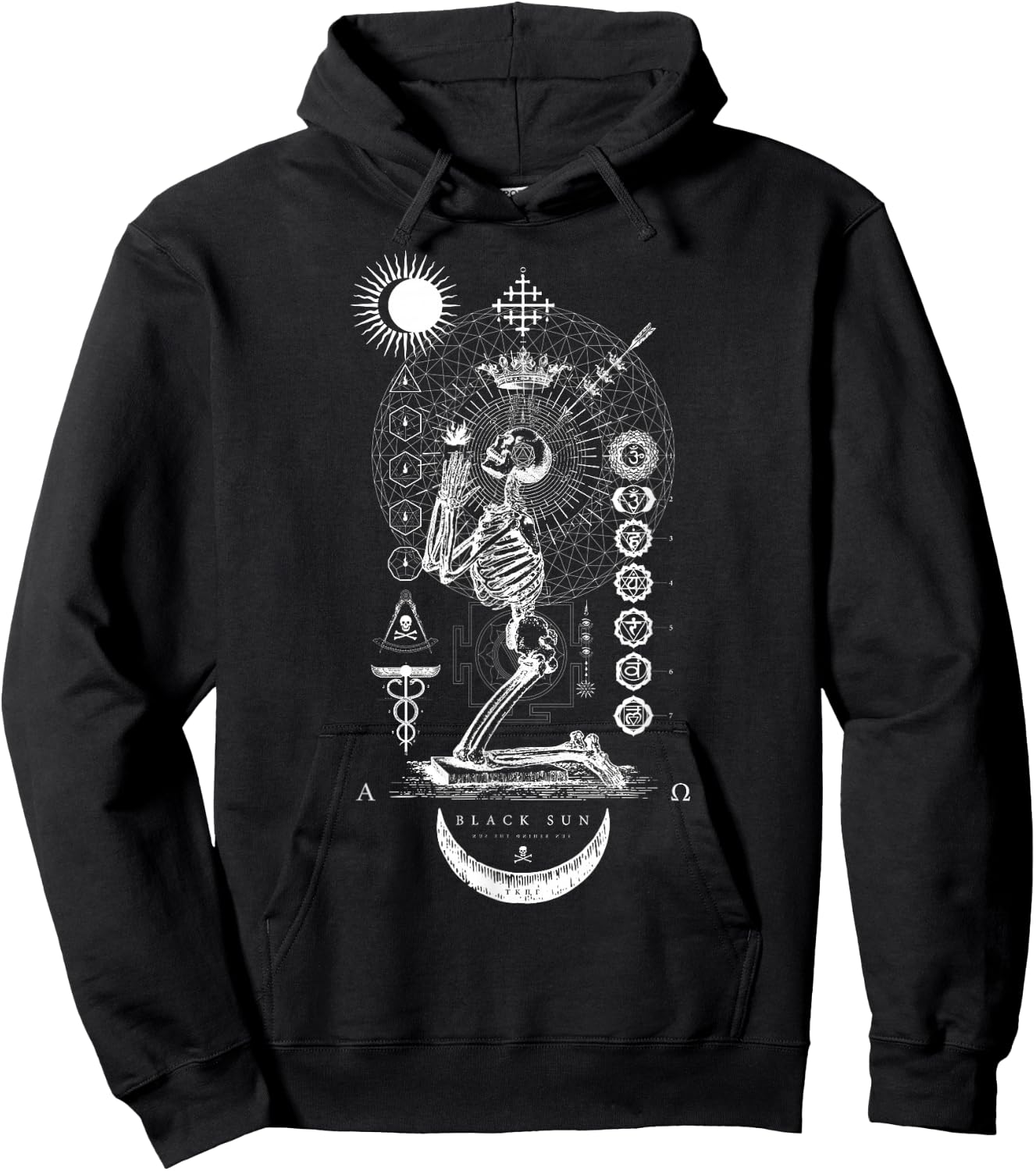 Black Sun Praying Skeleton - Occult Sacred Geometry Hoodie - Hoodie | Black