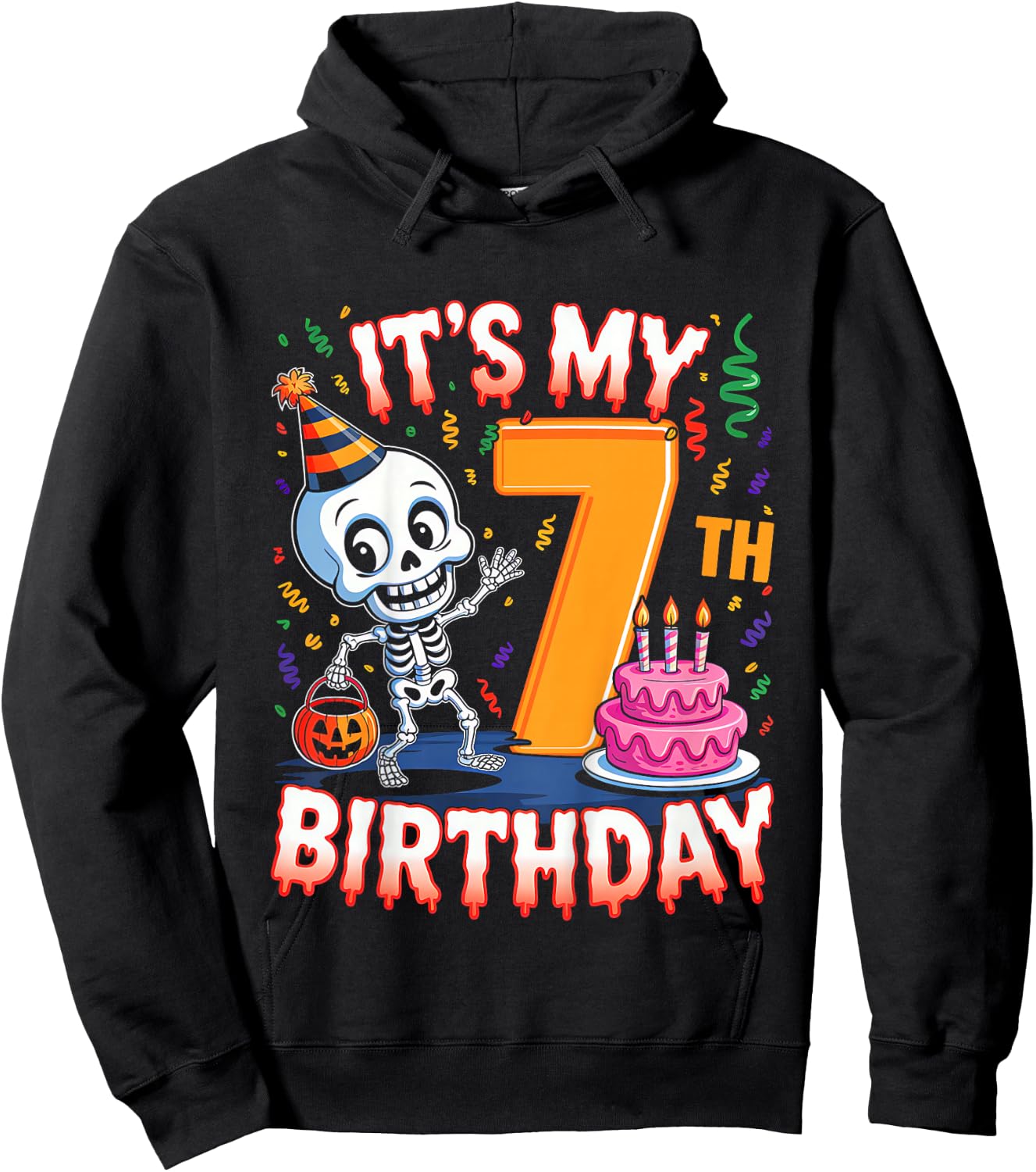Kids Boo It's My 7th Birthday Halloween Skeleton 7 Years Old Hoodie - Hoodie | Black