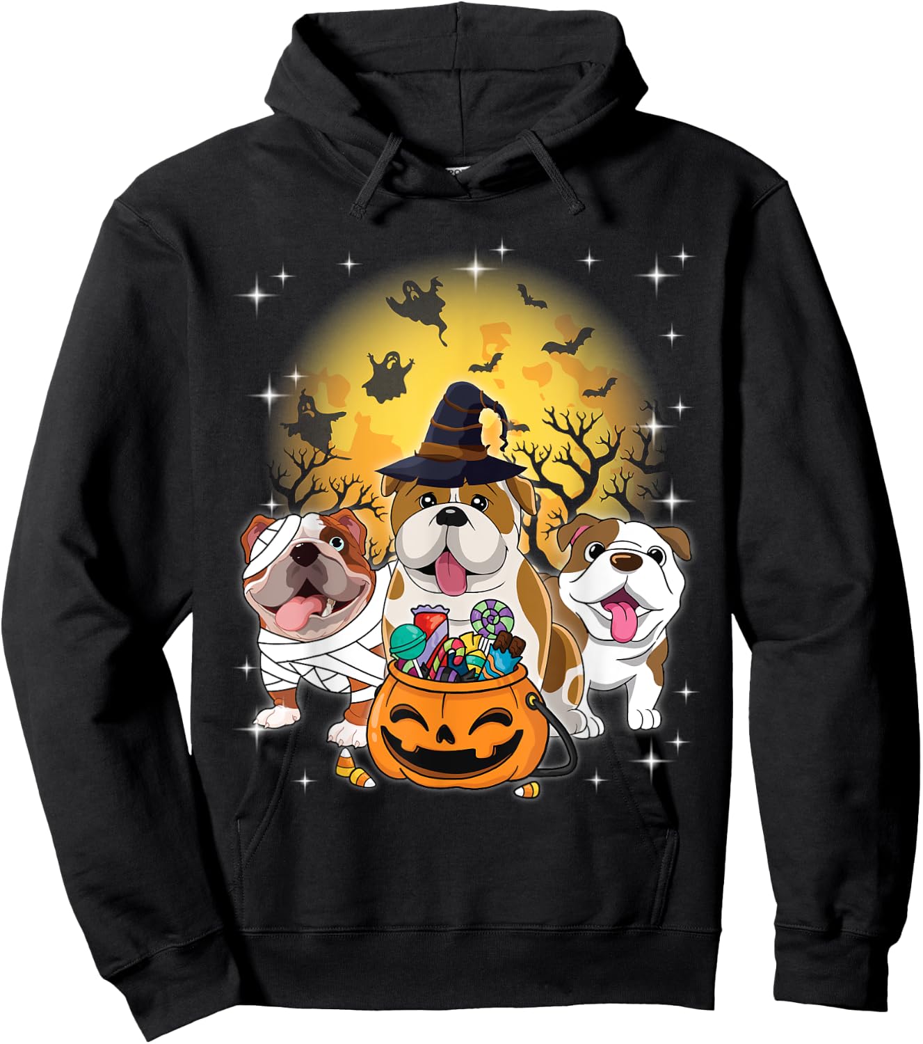 English Bulldog Mummy Witch Dog Moon Ghosts Halloween Day Women Kids Hoodie - Hoodie | Black