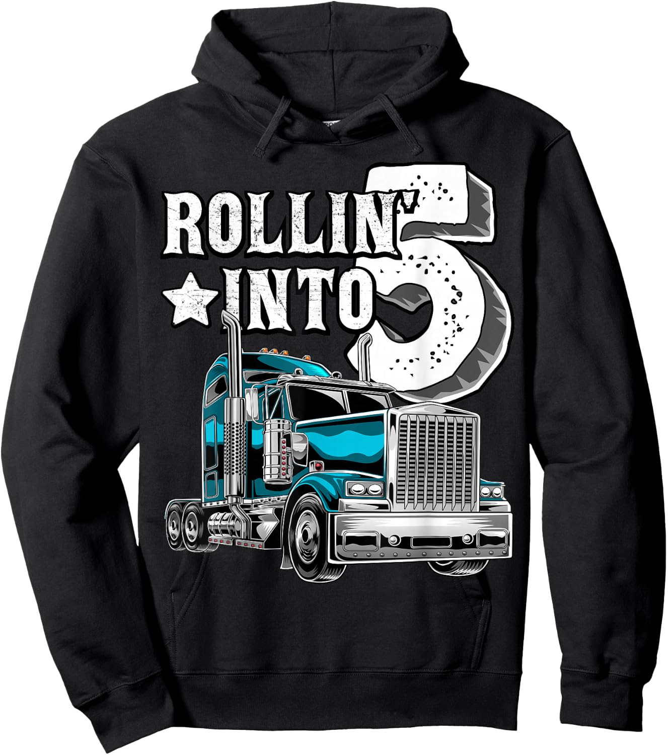 Rollin into 5 Big Rig Semi-Trailer Truck 5th Birthday Gift Hoodie - Hoodie | Black