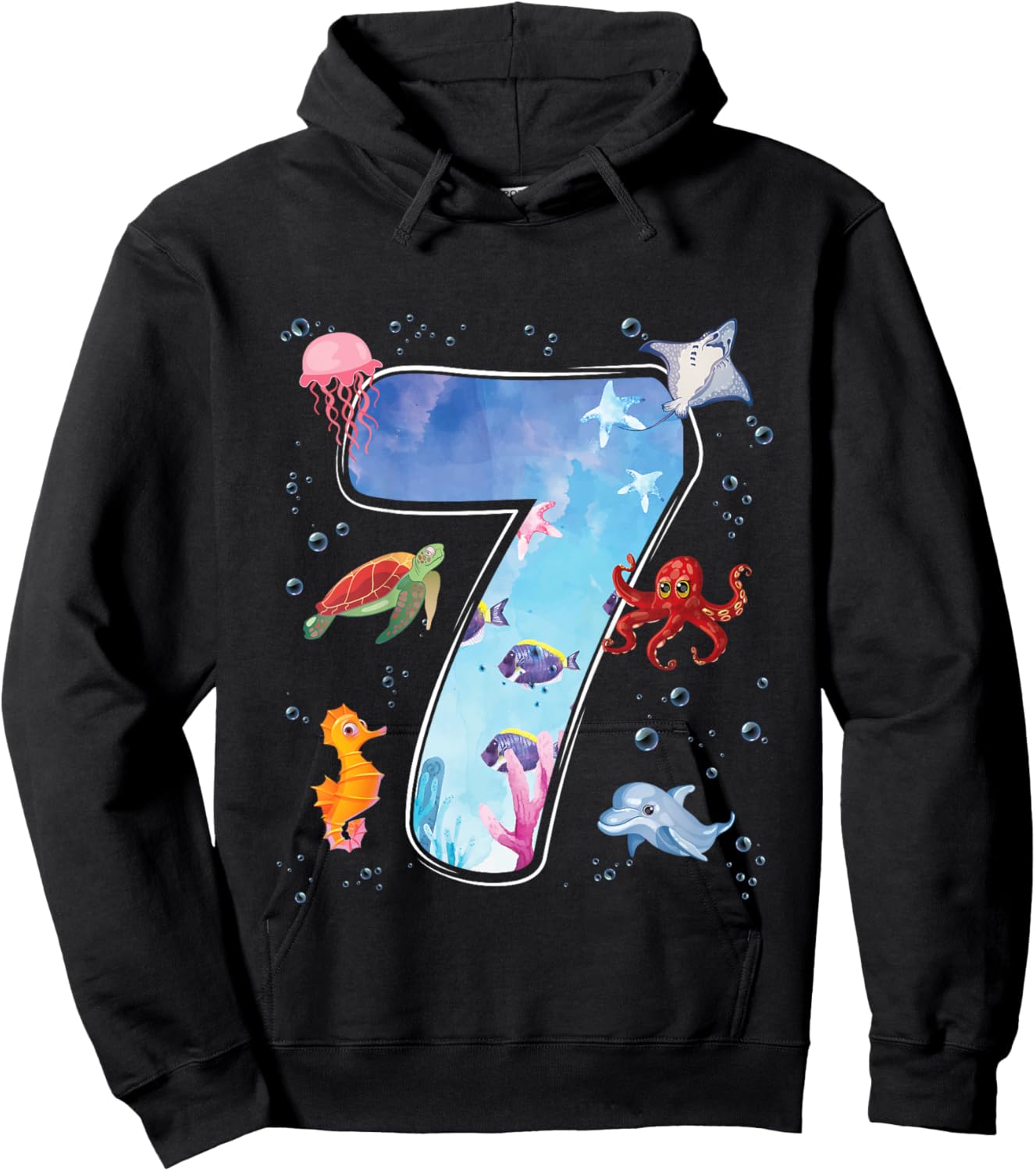 Kids 7th Birthday Party Ocean 7 Year Old Sea Fish Aquarium Boy Hoodie - Hoodie | Black