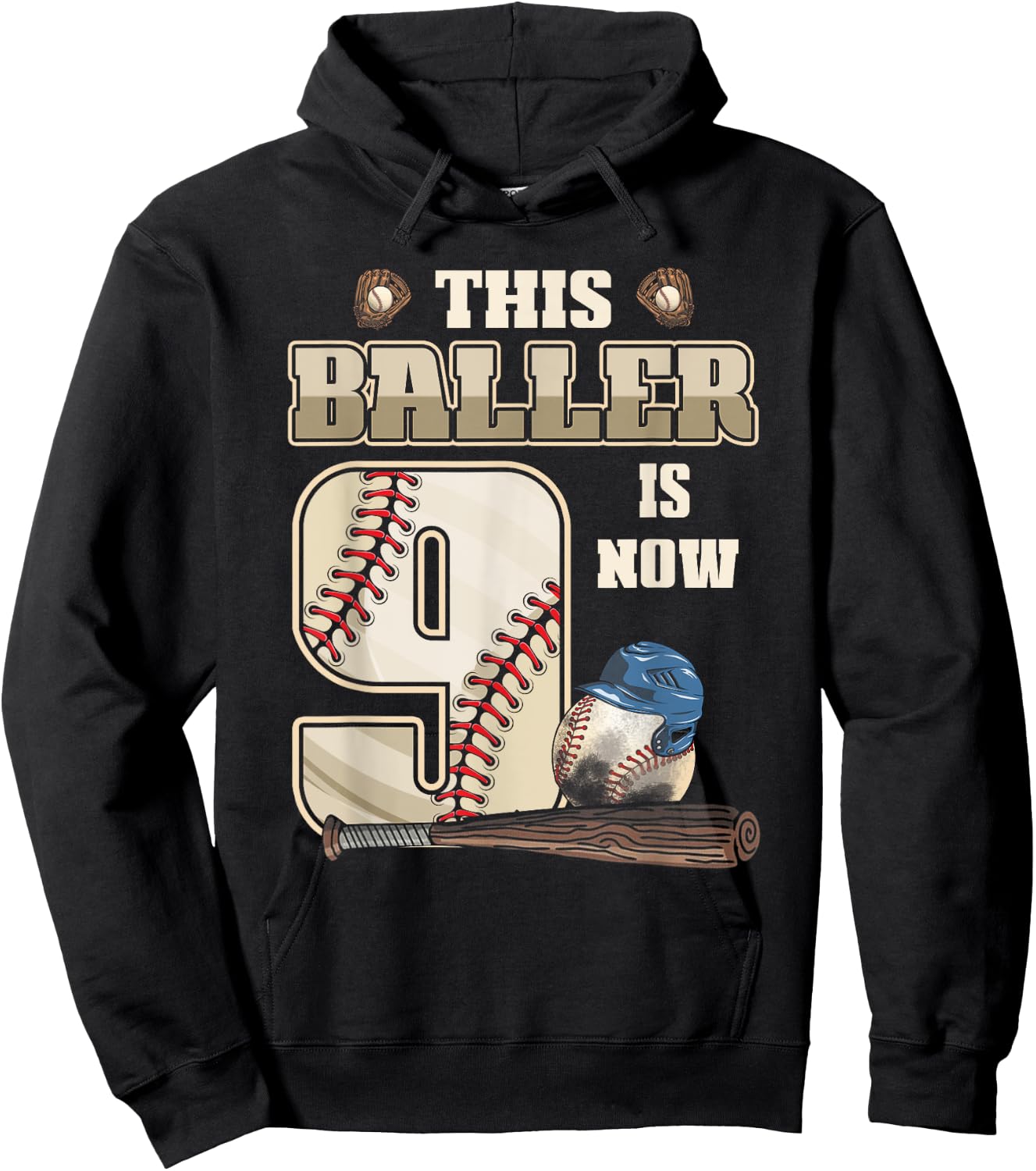 This Baller Is Now 9th Birthday Nine Years Old Baseball Hoodie - Hoodie | Black
