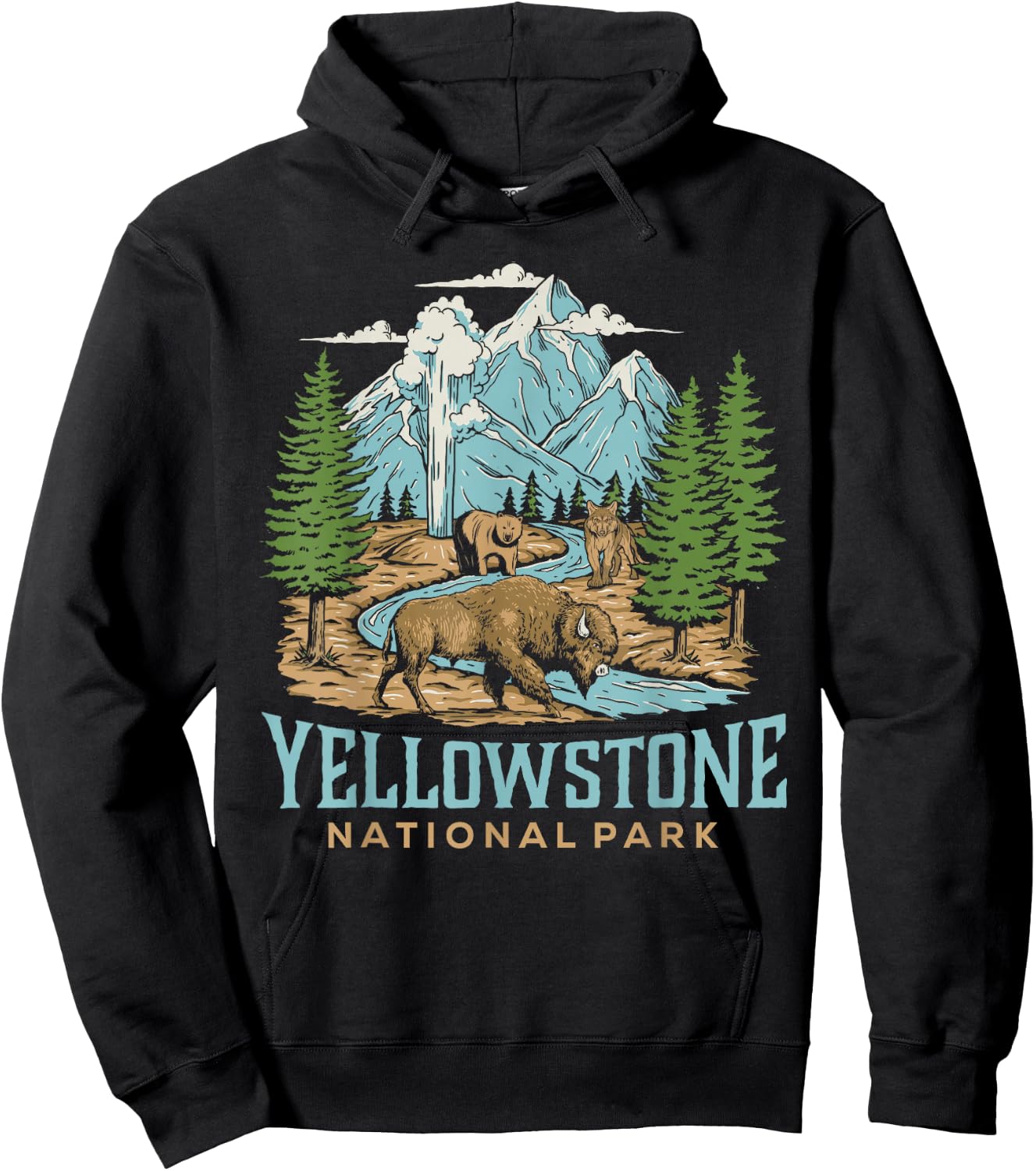 Yellowstone US National Park Wolf Bison Bear Vintage Gift Hoodie - Hoodie | Black