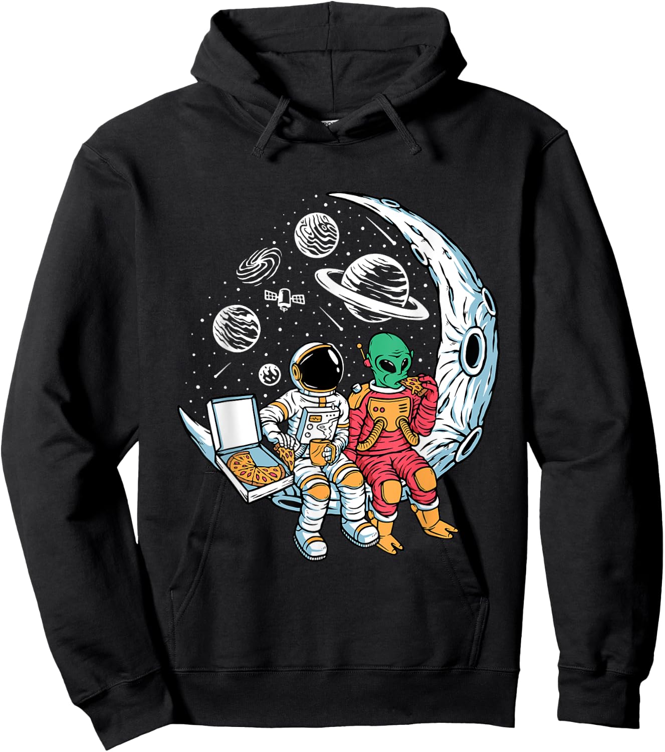 Astronaut Alien Eating Pizza in Space Chilling on the Moon Hoodie - Hoodie | Black