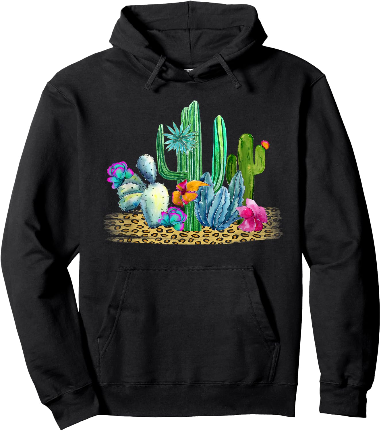 Desert Cactus Leopard Print Watercolor Boho Wanderlust Hoodie - Hoodie | Black