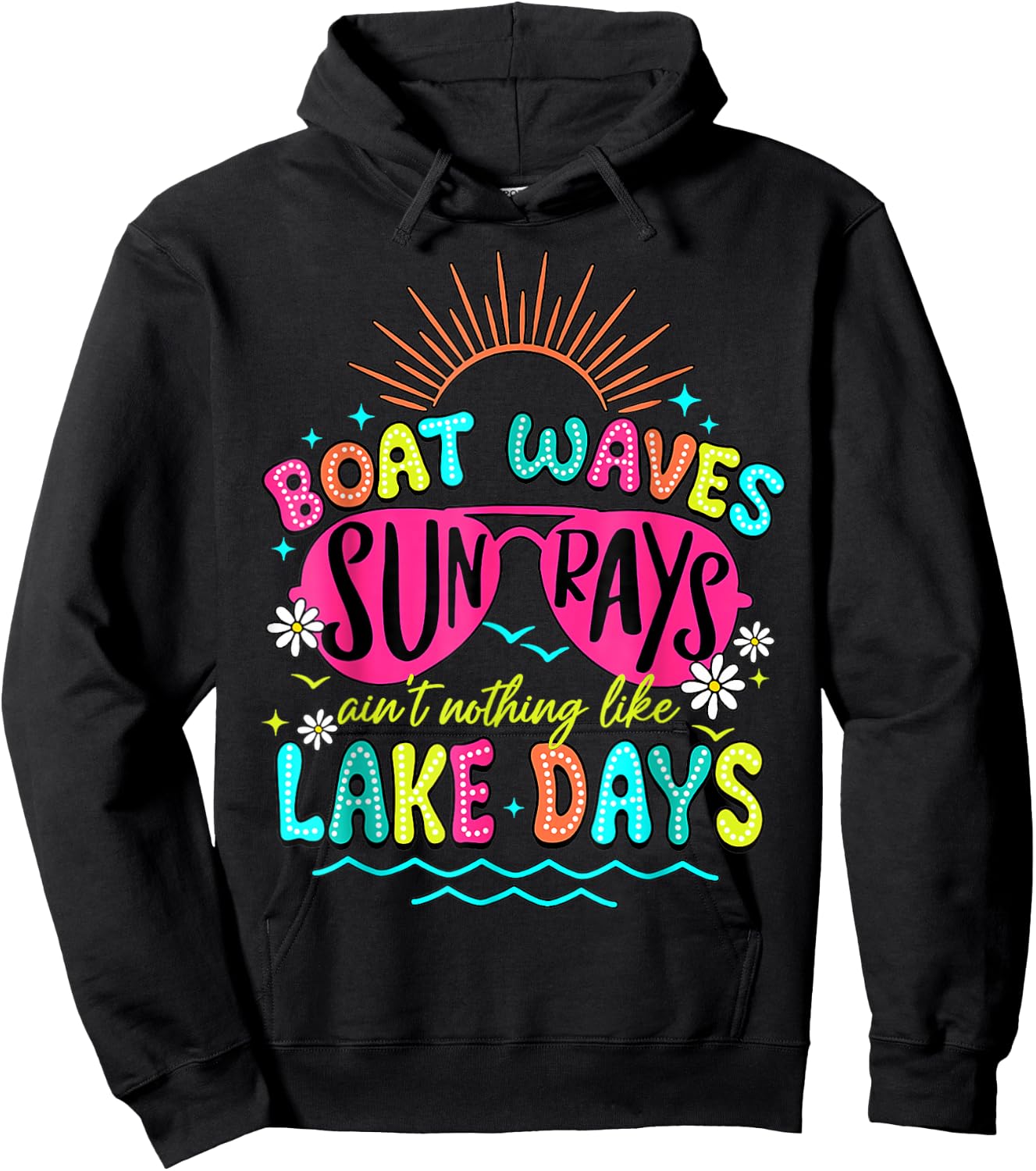 Boat Waves Sun Rays Lake Days Retro Summer Vacation Matching Hoodie - Hoodie | Black
