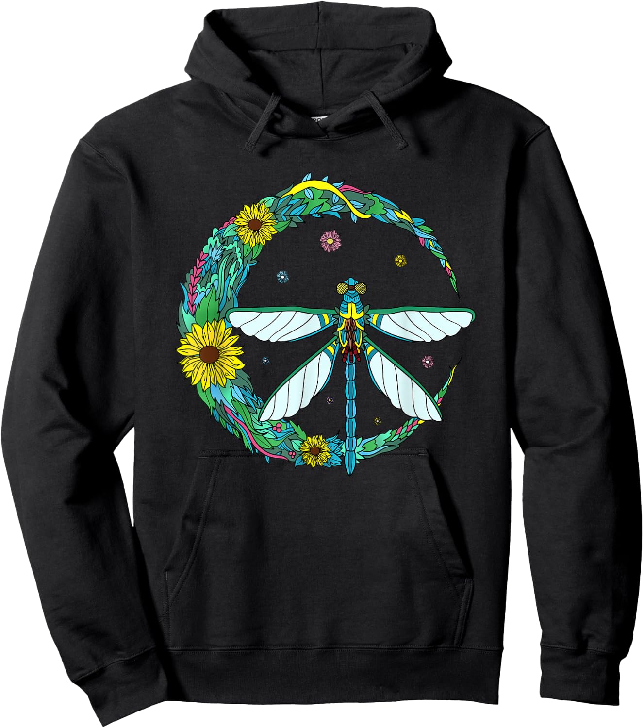 Dragonfly Boho Crescent Moon Peace Sign Hippie Dragonflies Hoodie - Hoodie | Black