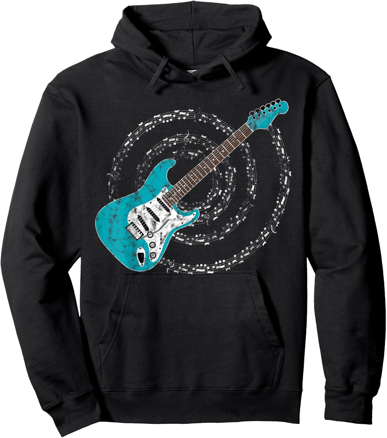 Surf Green Aqua Blue Electric Guitar Spiraling Musical Notes Hoodie - Hoodie | Black