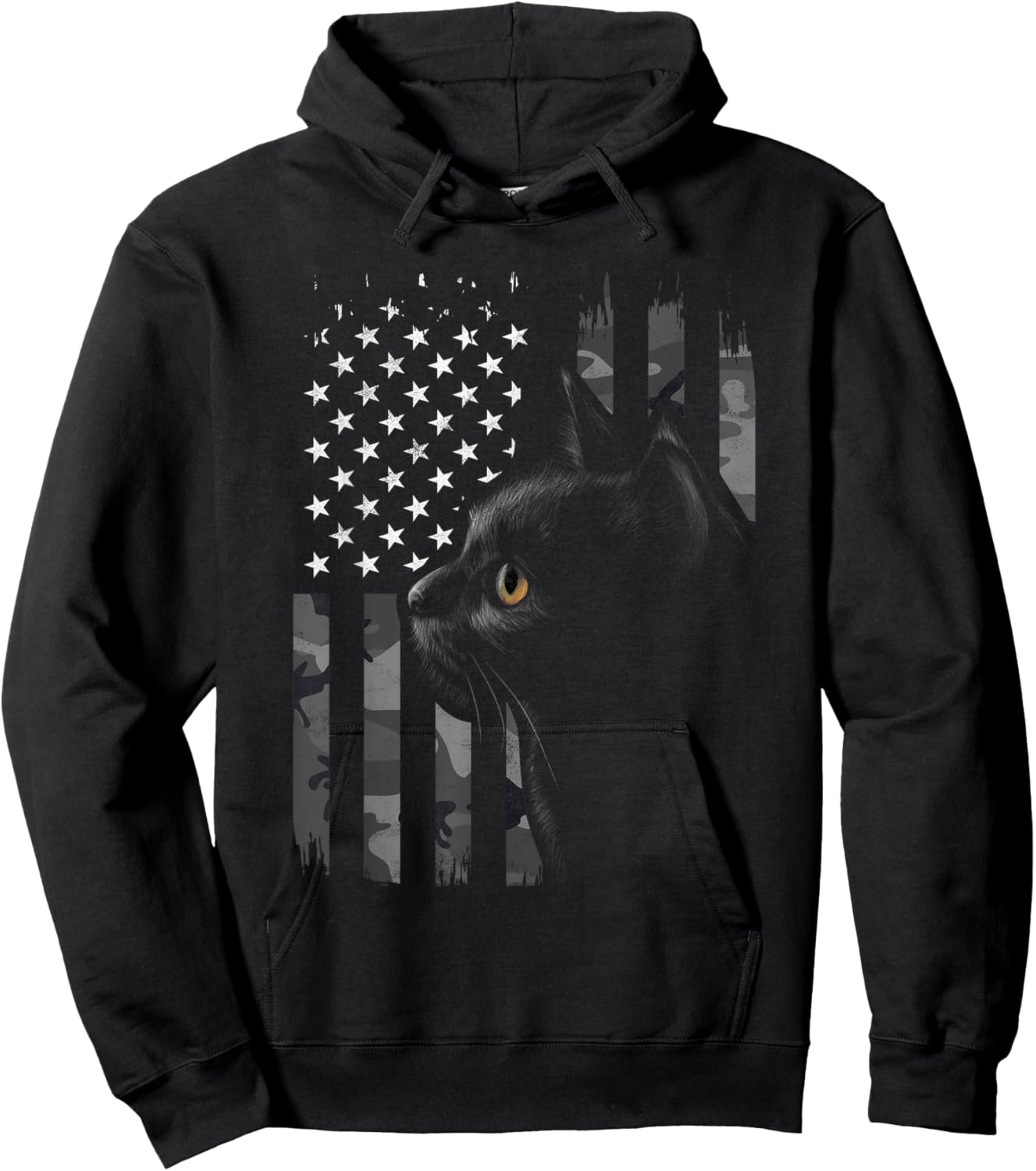 Vintage Style Black Cat Camo American Flag Patriotic Gift Women Kids Men Hoodie - Hoodie | Black