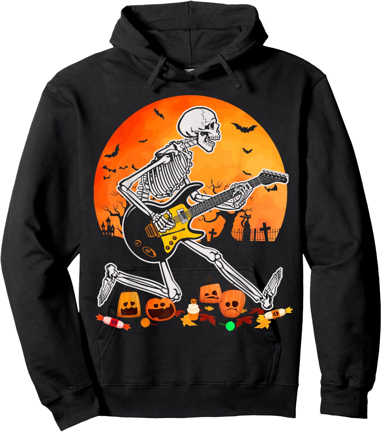 Skeleton Playing Bass Guitar Halloween Electric Acoustic Hoodie - Hoodie | Black
