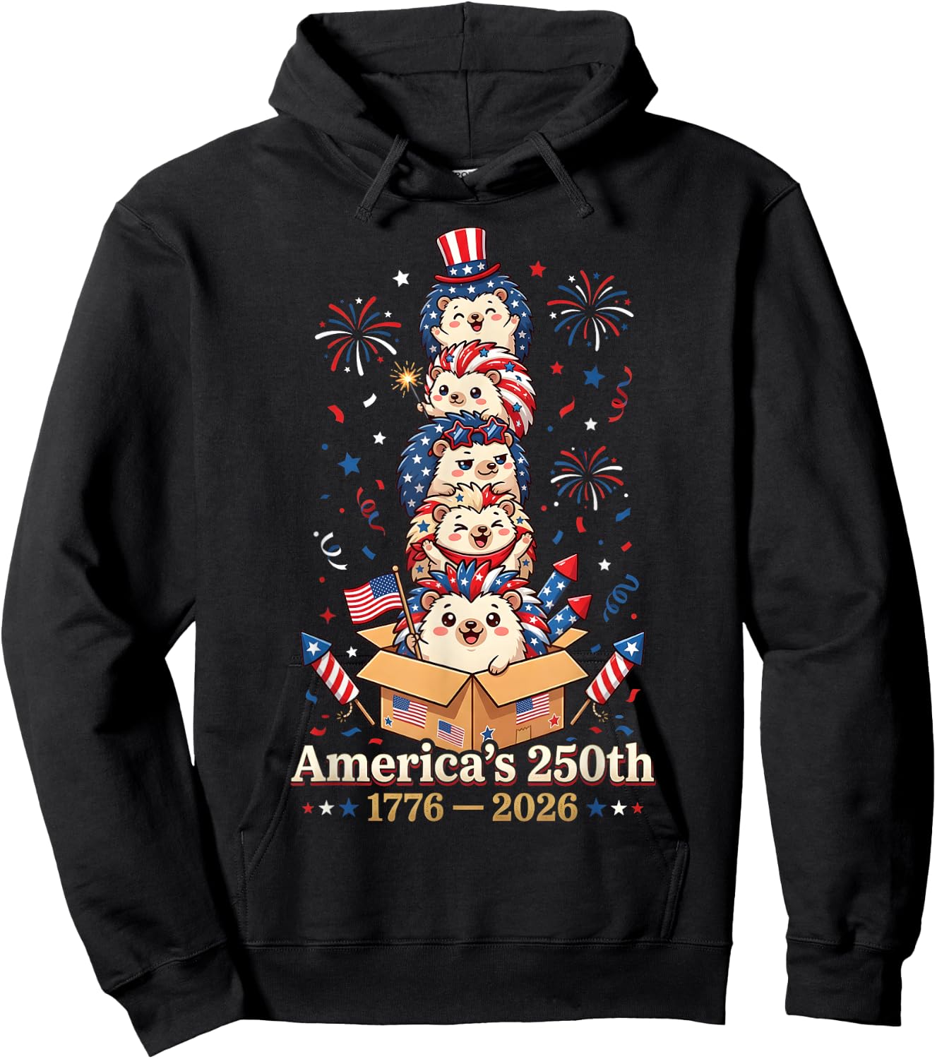 Hedgehog America's 250th Anniversary 1776 2026 4th of July Hoodie - Hoodie | Black