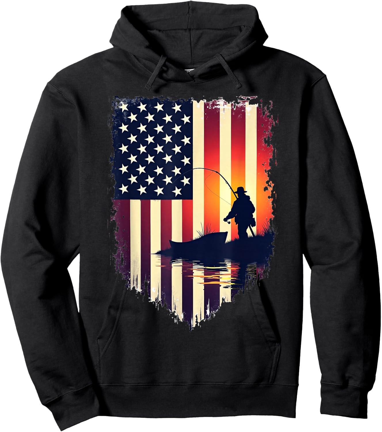 American Flag 4th of July Fish Fisherman Funny Bass Fishing Hoodie - Hoodie | Black