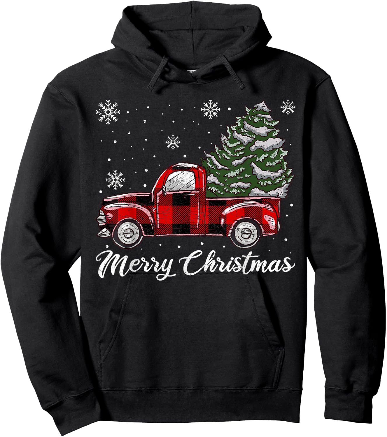 Christmas Tree Red Truck Pajama, Vintage Buffalo Plaid Truck Hoodie - Hoodie | Black