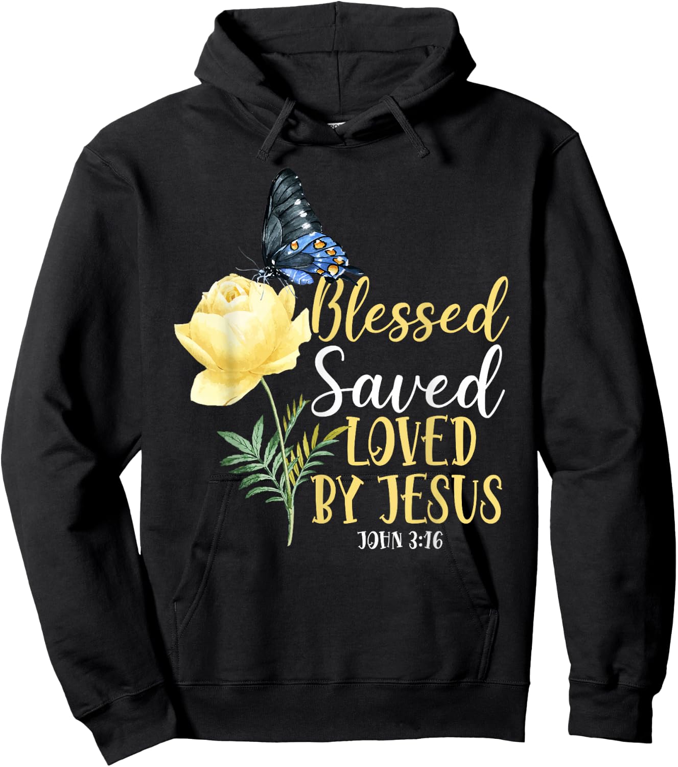 Christian Bible Verse Quote Butterfly Rose Flower John 3:16 Hoodie - Hoodie | Black