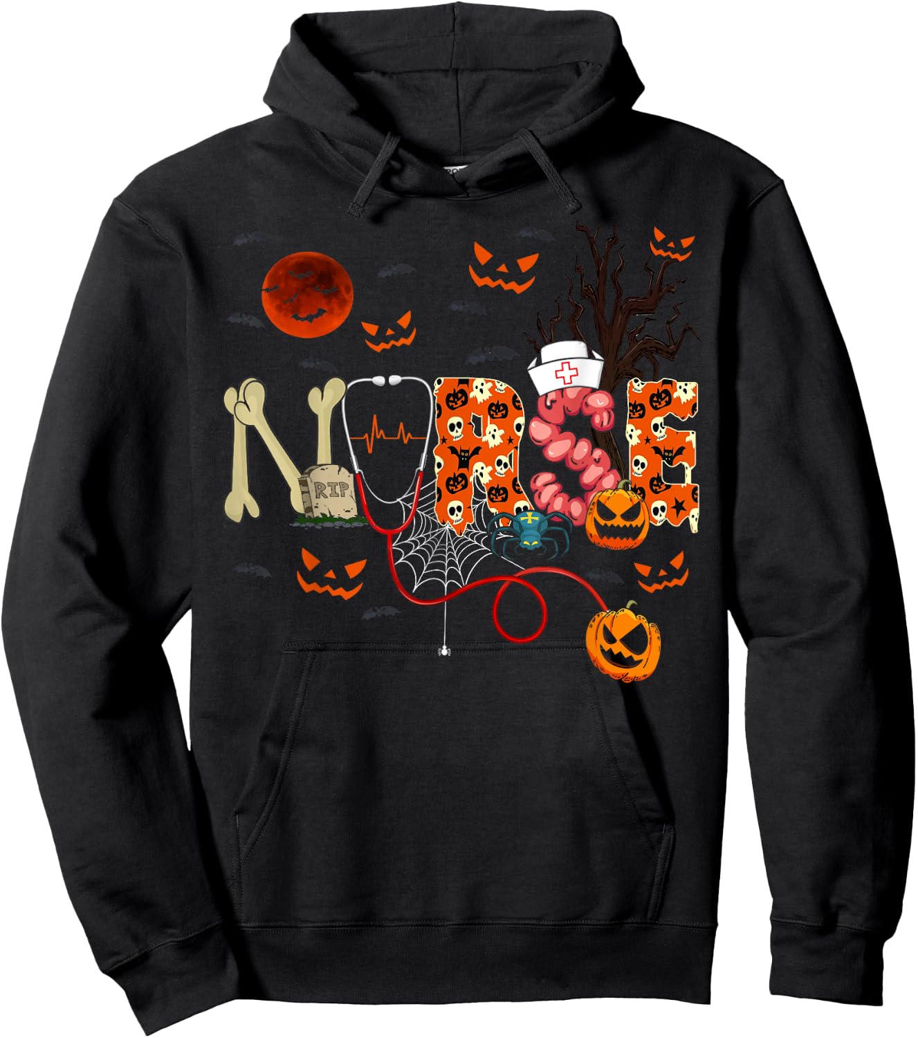 Nurse Funny Stethoscope Nurse Pumpkin Skull Lover Halloween Hoodie - Hoodie | Black