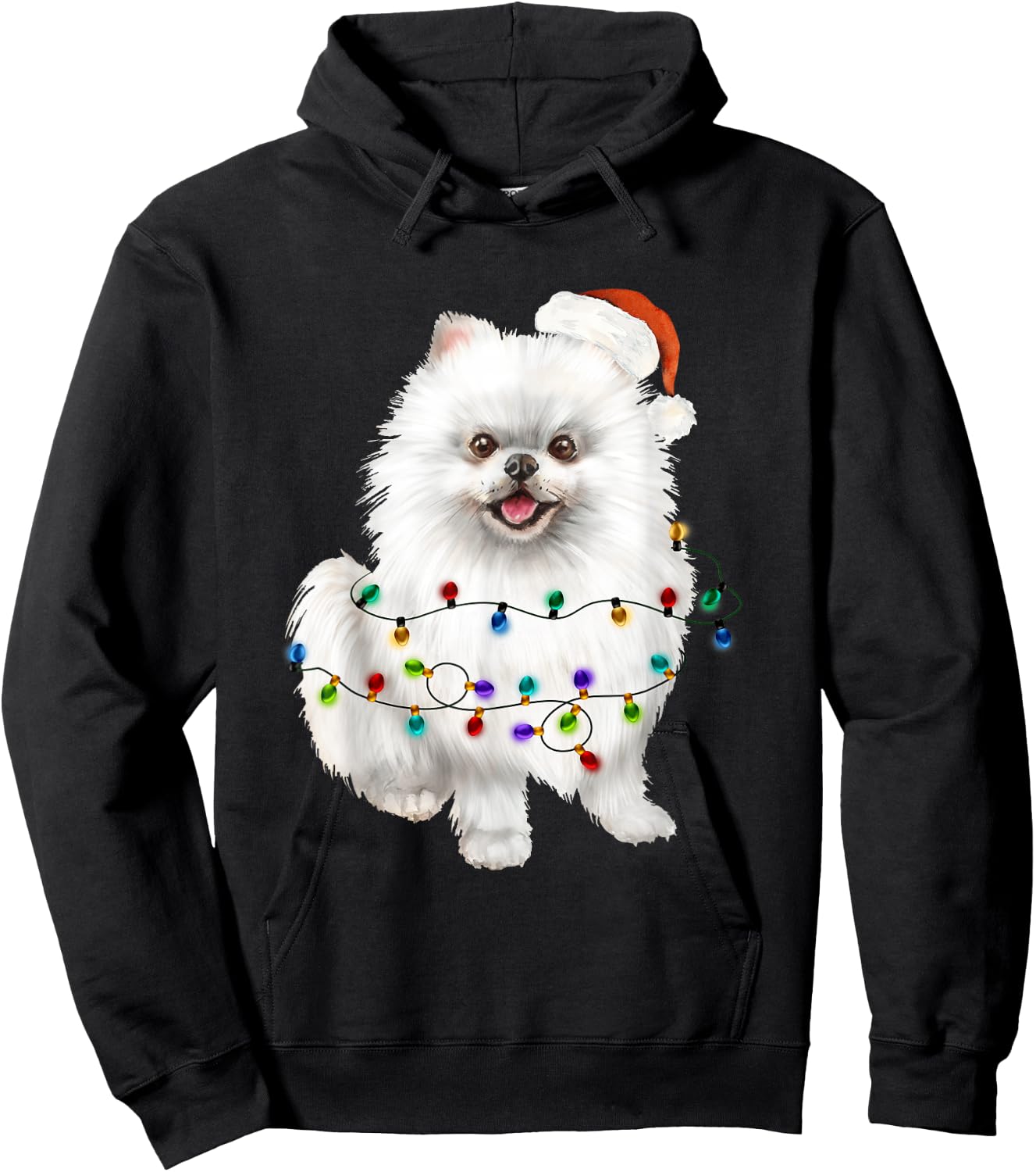 Pomeranian White Santa Christmas Tree Lights Xmas Dog Lover Hoodie - Hoodie | Black