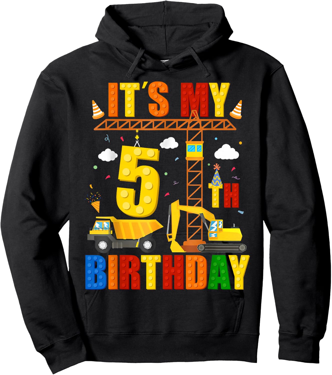 It's My 5th Birthday Construction Excavator Birthday Boys Hoodie - Hoodie | Black