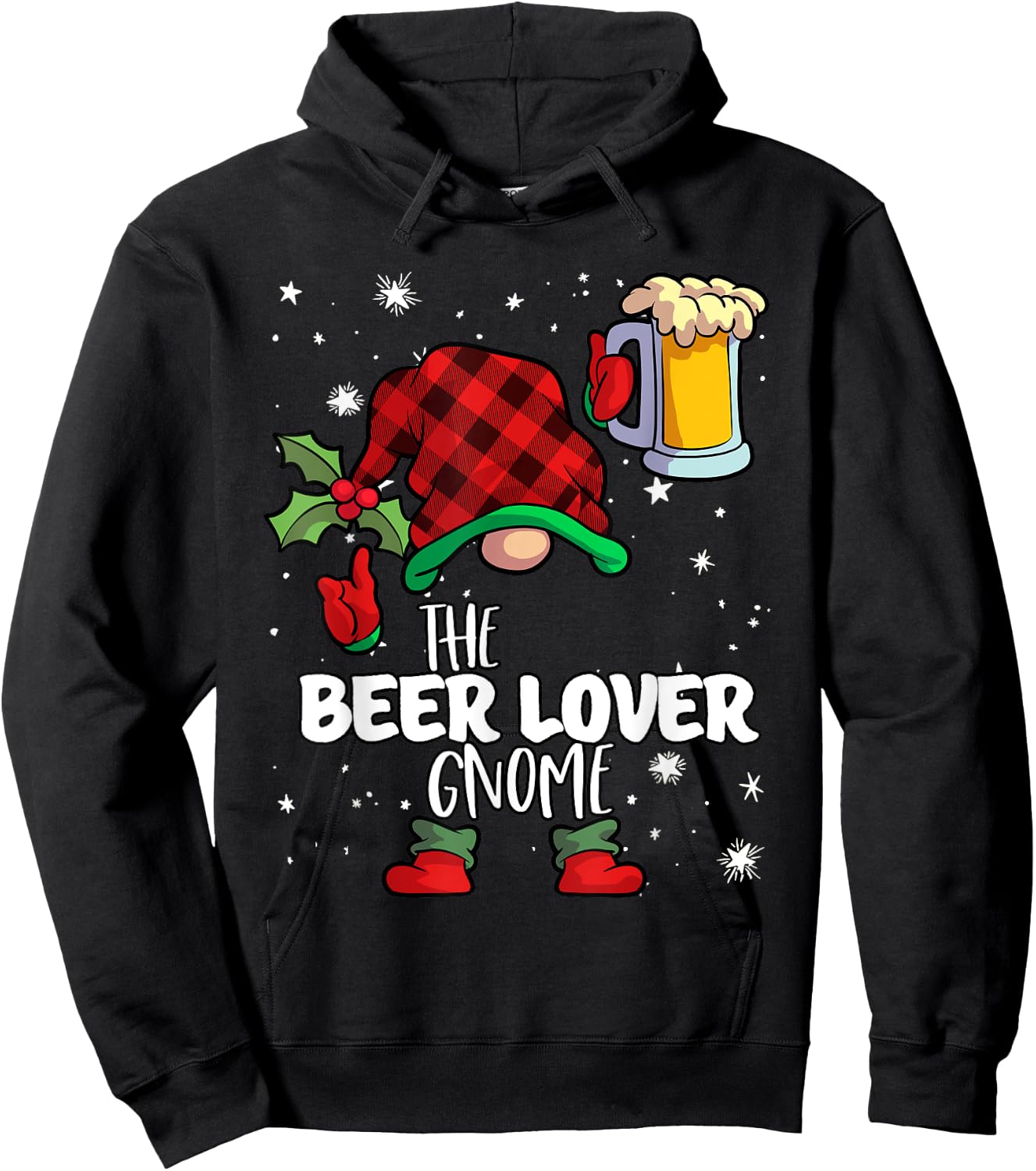 Beer Lover Gnome Red Buffalo Plaid Matching Family Christmas Hoodie - Hoodie | Black